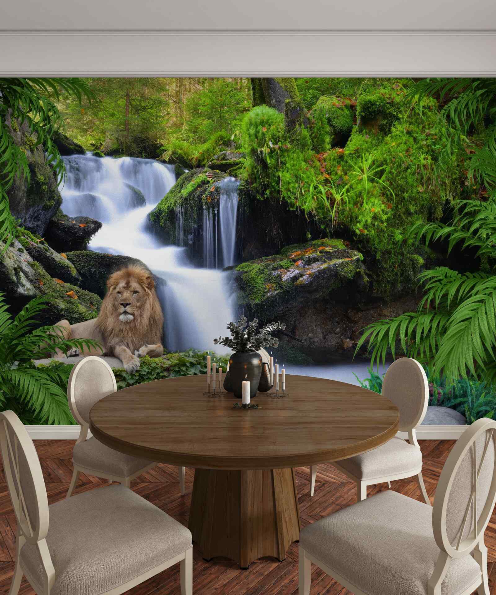 Papier peint il y a un lion à la cascade