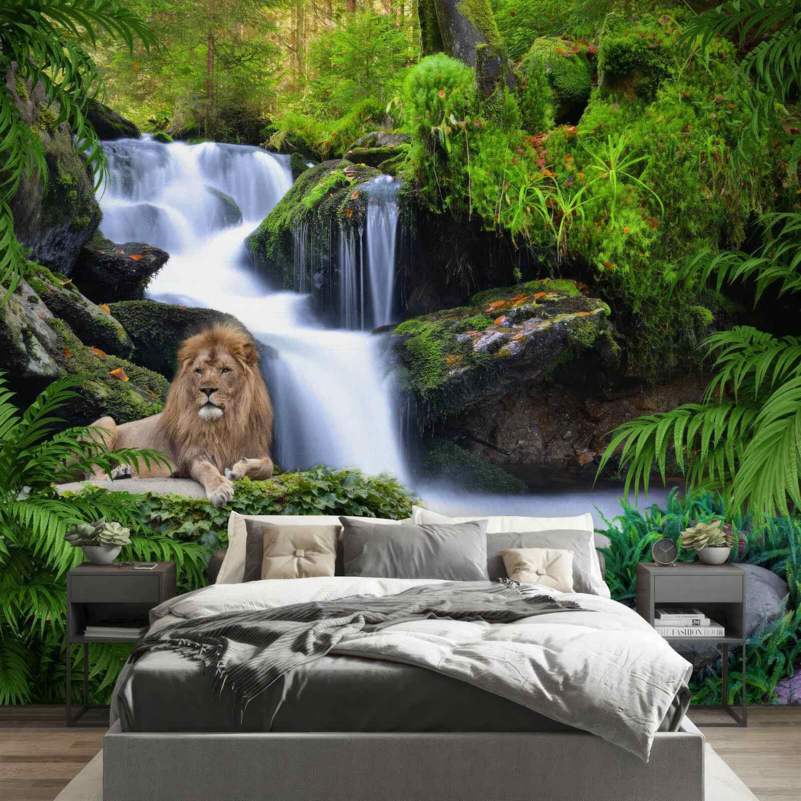 Papier peint il y a un lion à la cascade