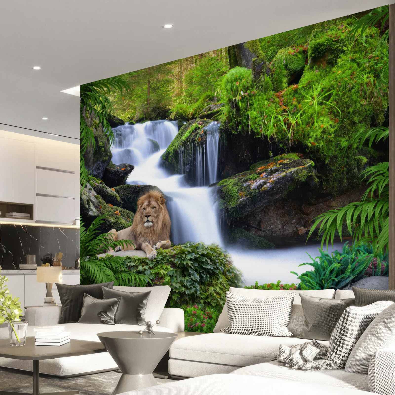 Papier peint il y a un lion à la cascade