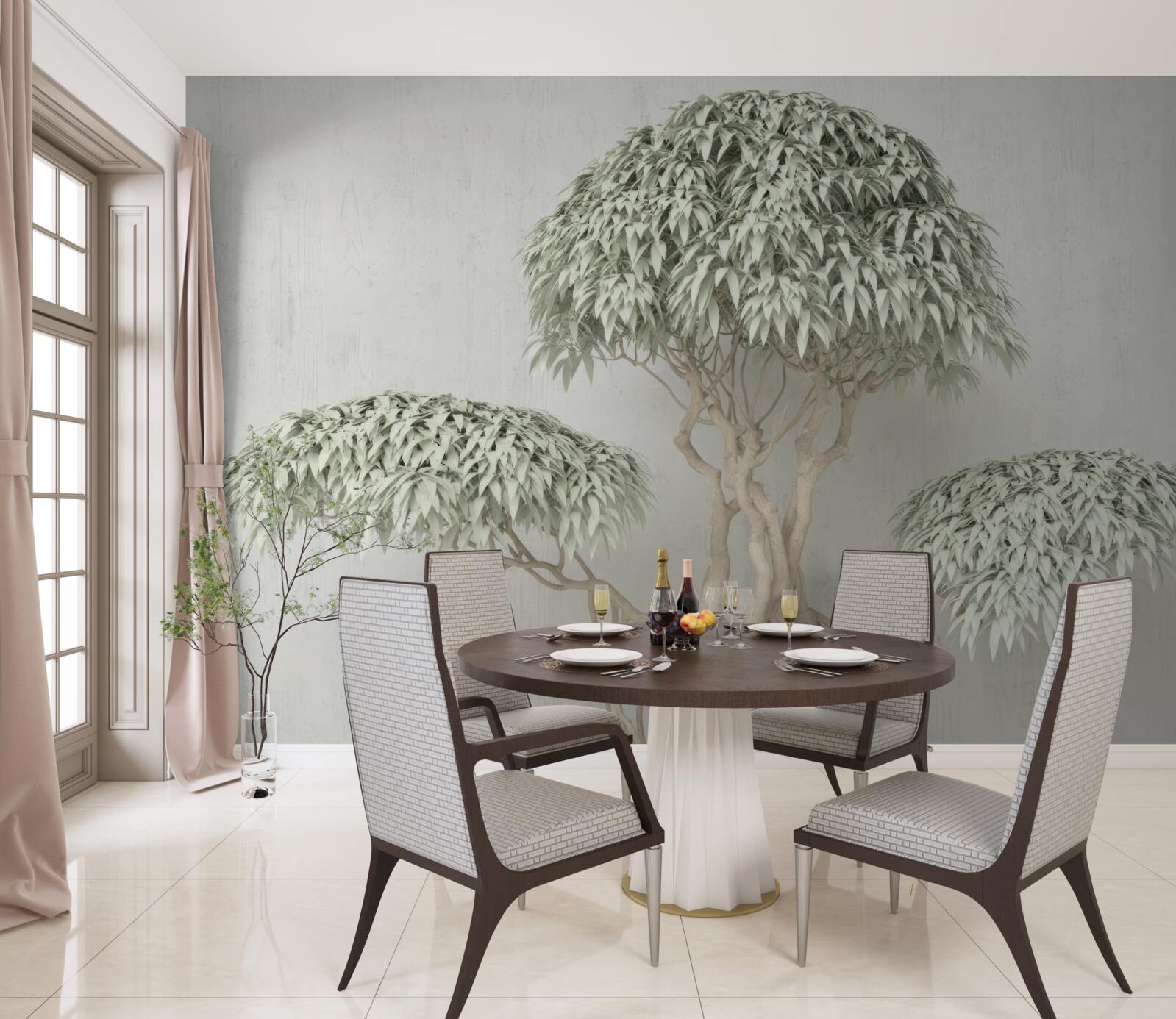 Papier peint arbre avec feuilles sur fond gris