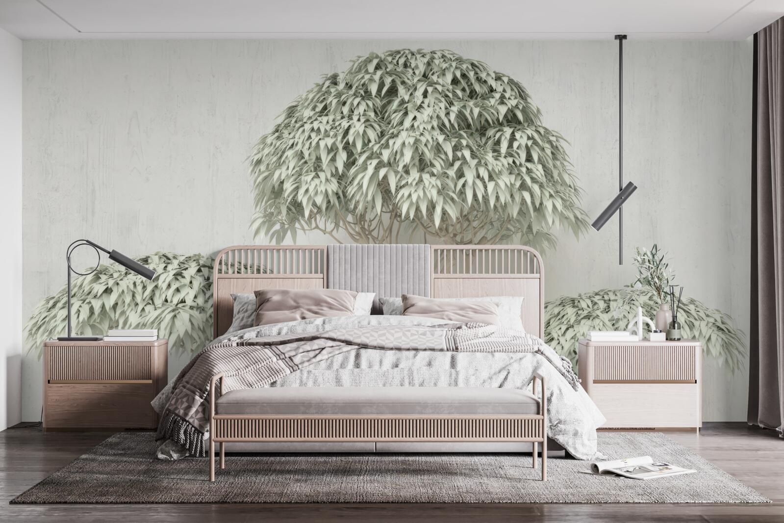 Papier peint arbre avec feuilles sur fond gris