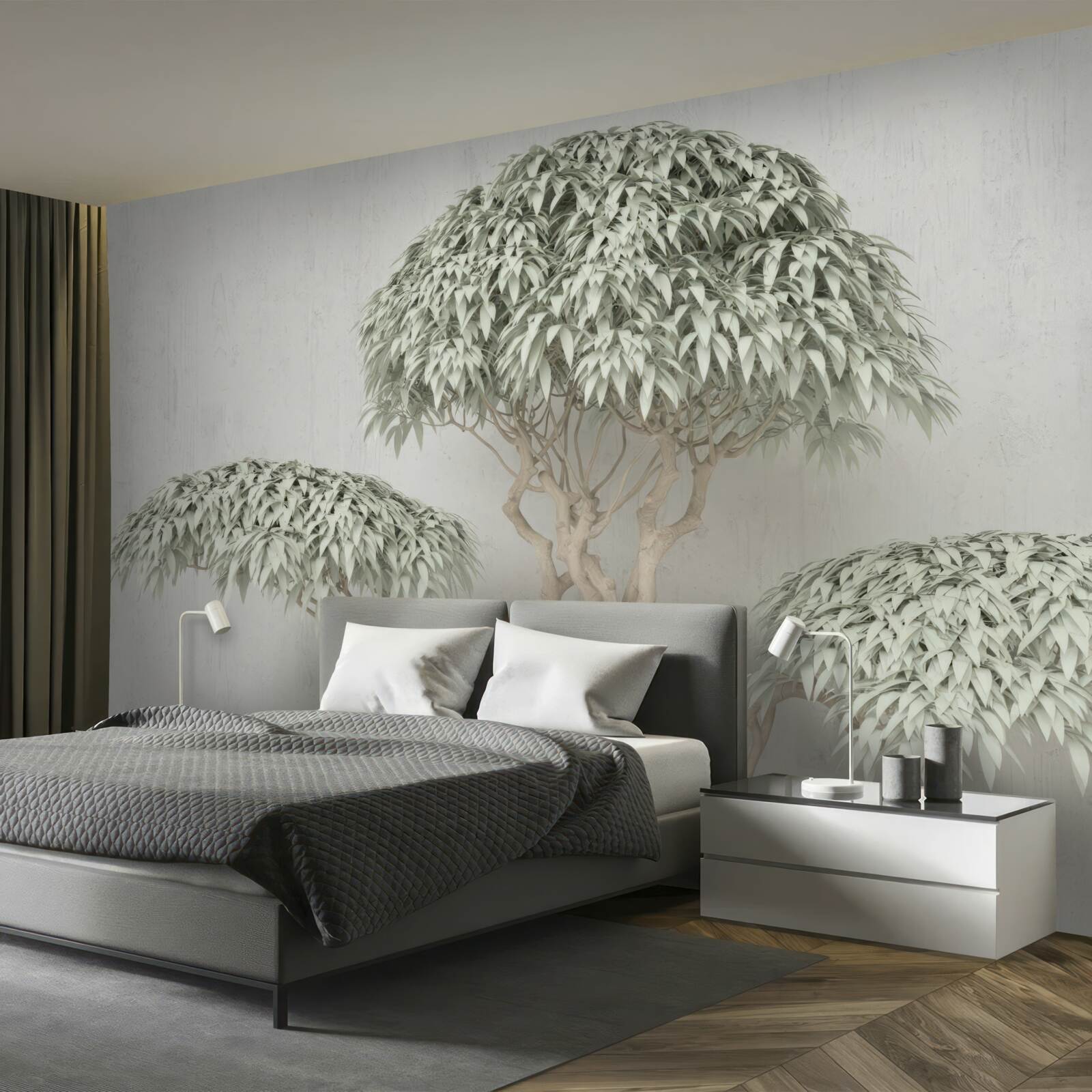 Papier peint arbre avec feuilles sur fond gris