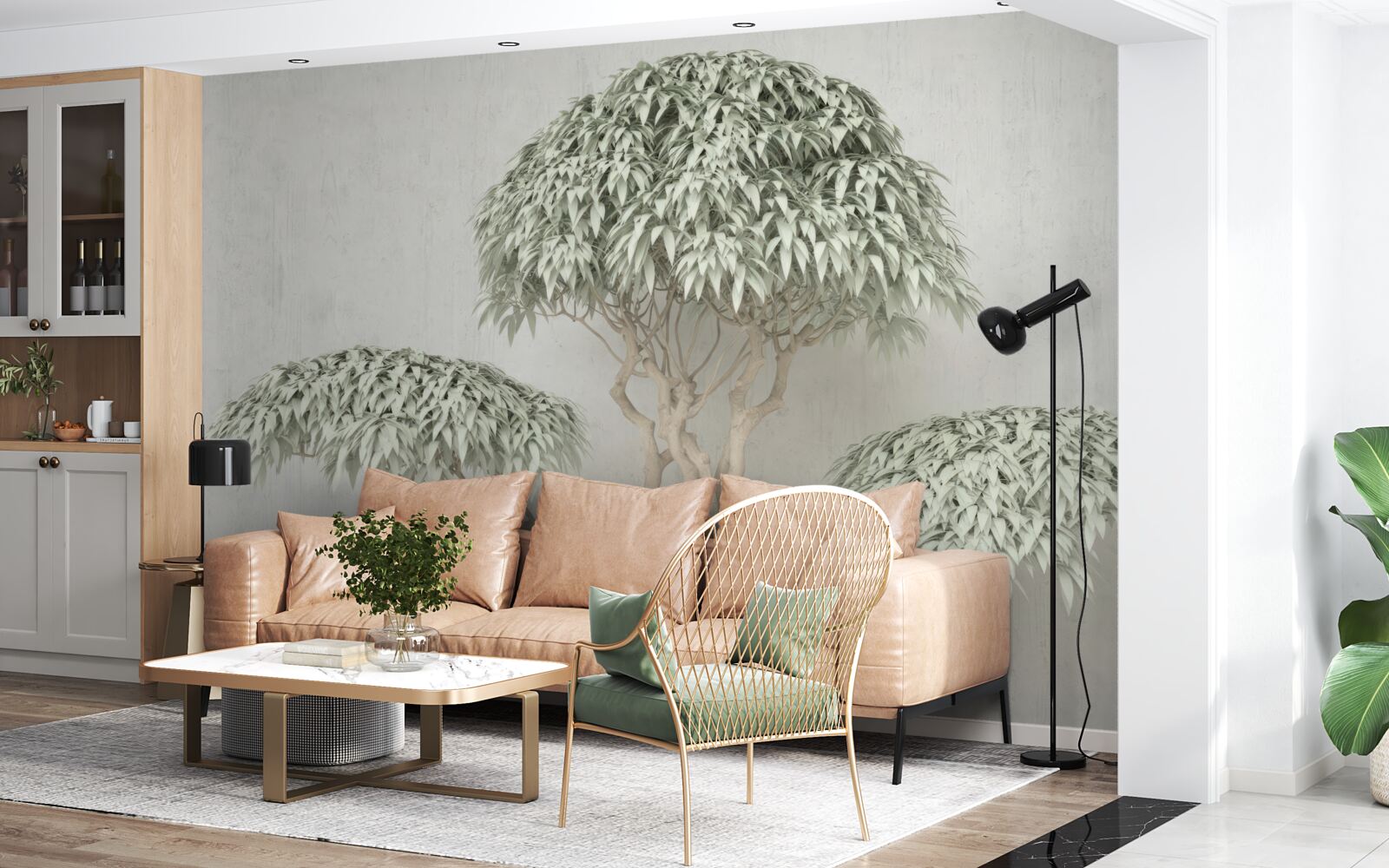 Papier peint arbre avec feuilles sur fond gris