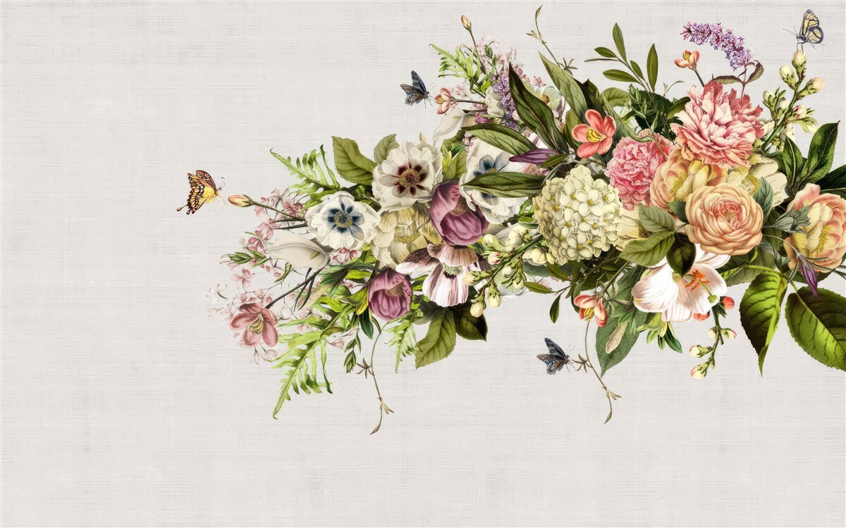 Papier peint les papillons volent sur de belles fleurs