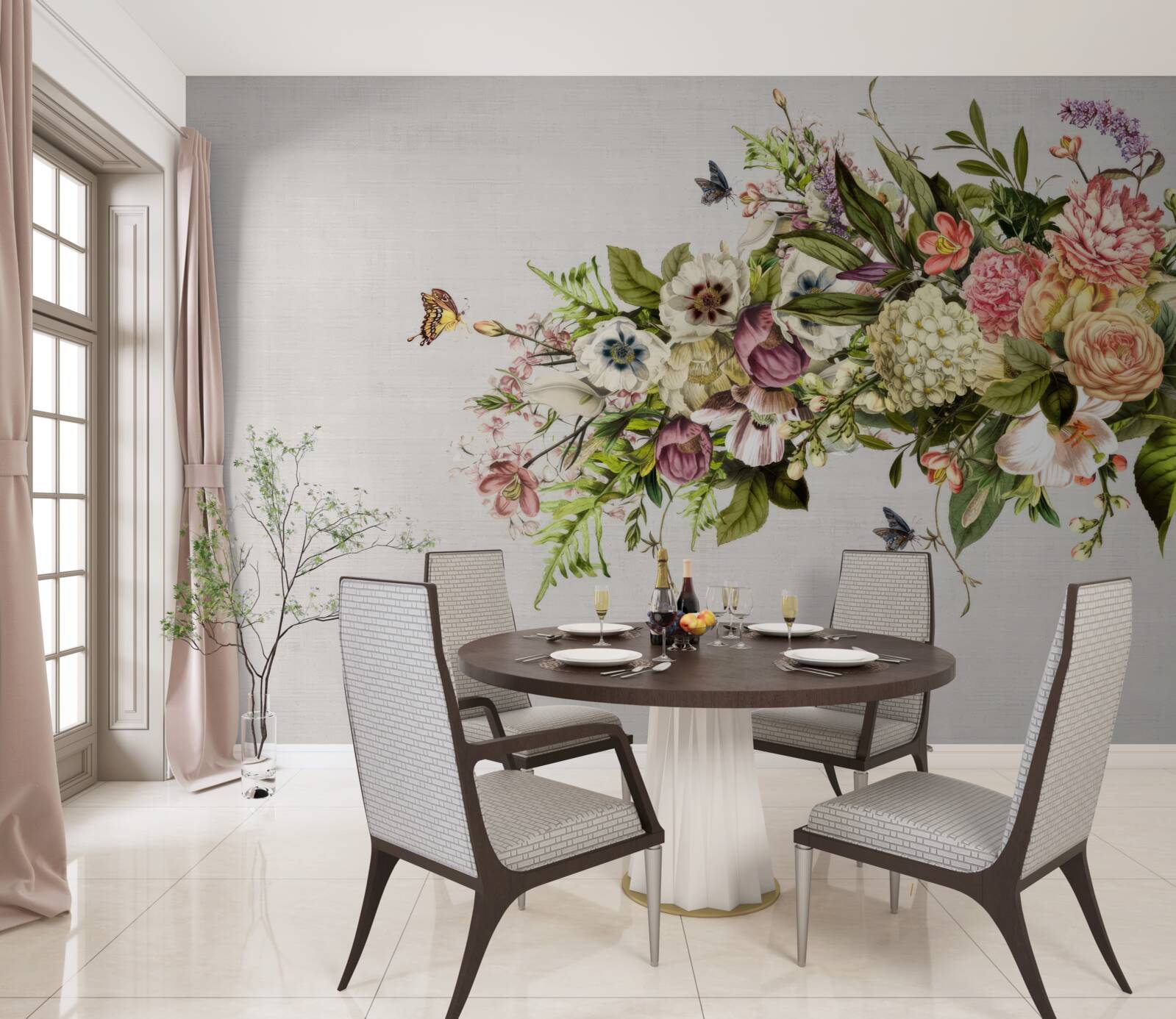 Papier peint les papillons volent sur de belles fleurs