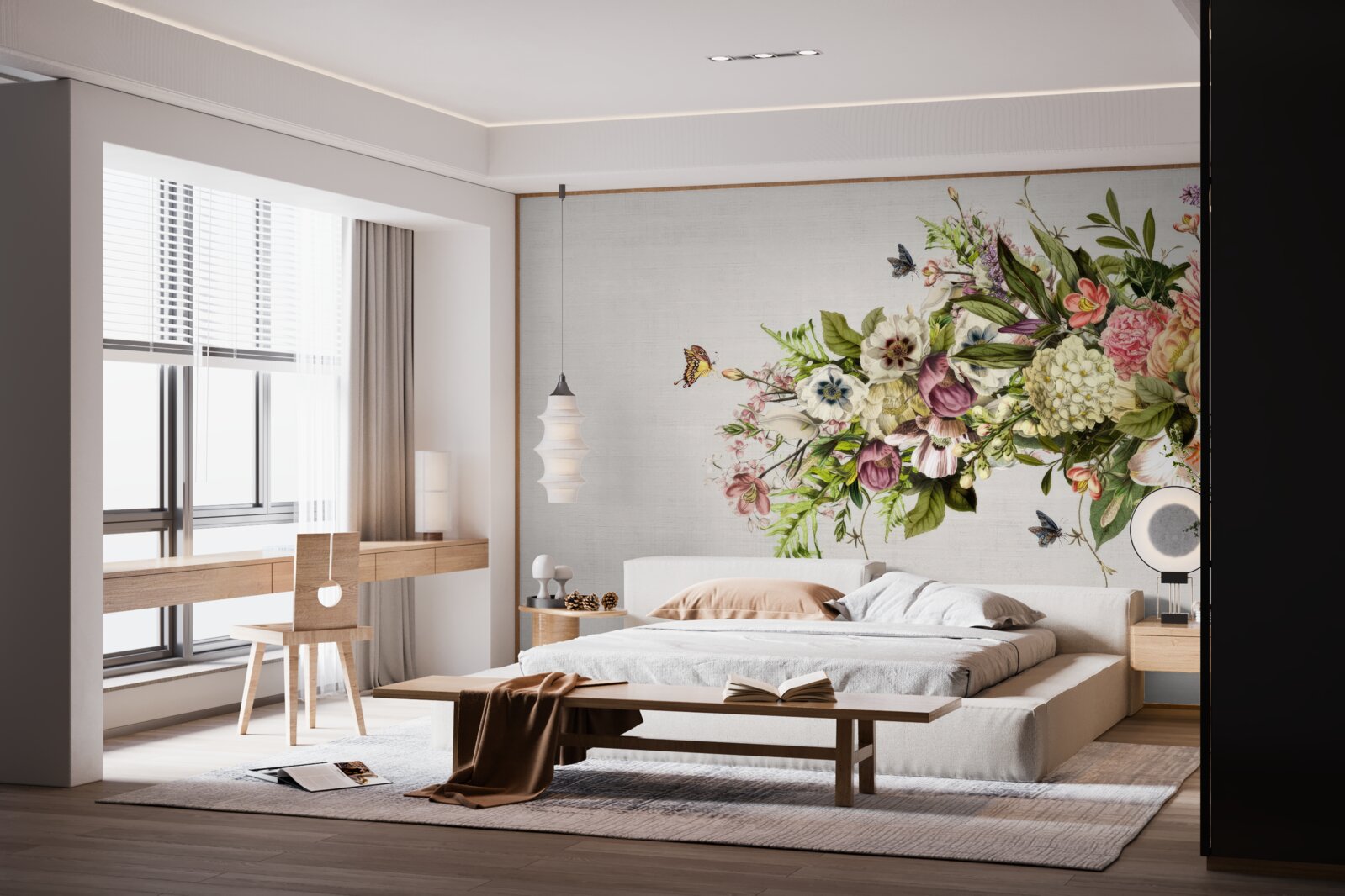 Papier peint les papillons volent sur de belles fleurs