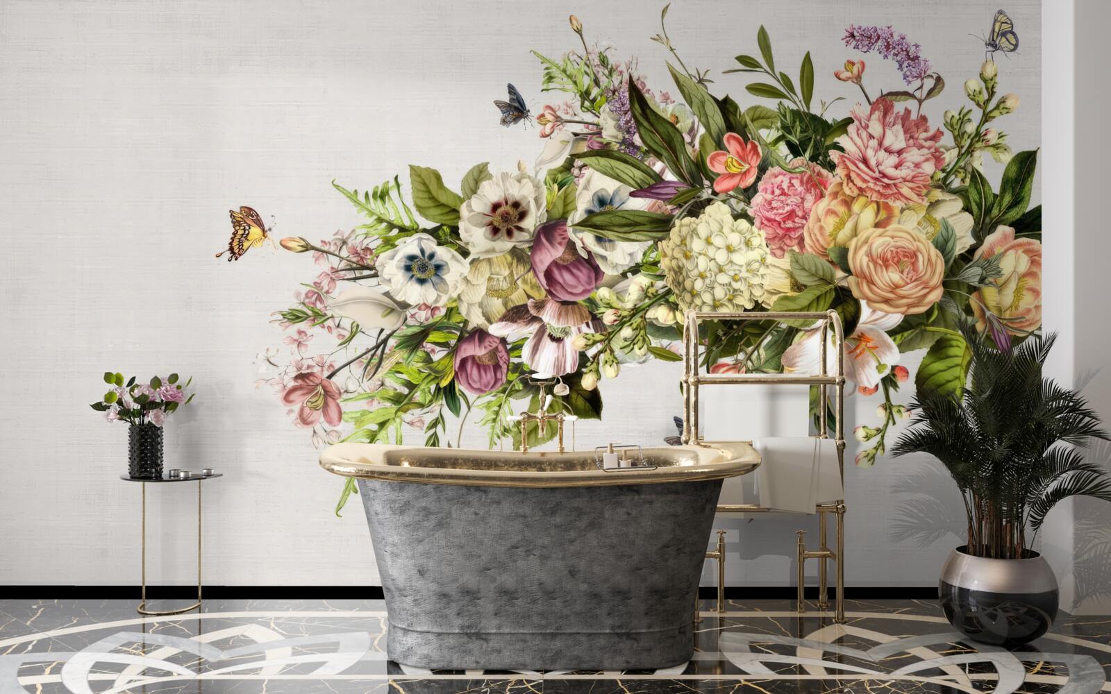 Papier peint les papillons volent sur de belles fleurs