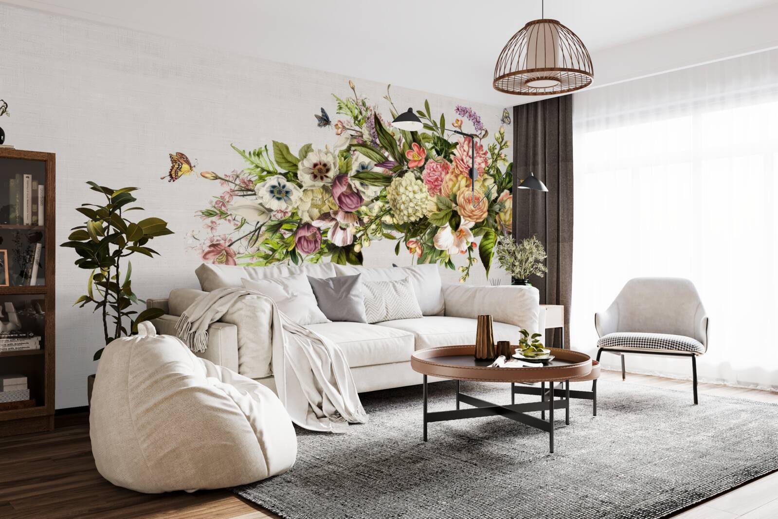 Papier peint les papillons volent sur de belles fleurs