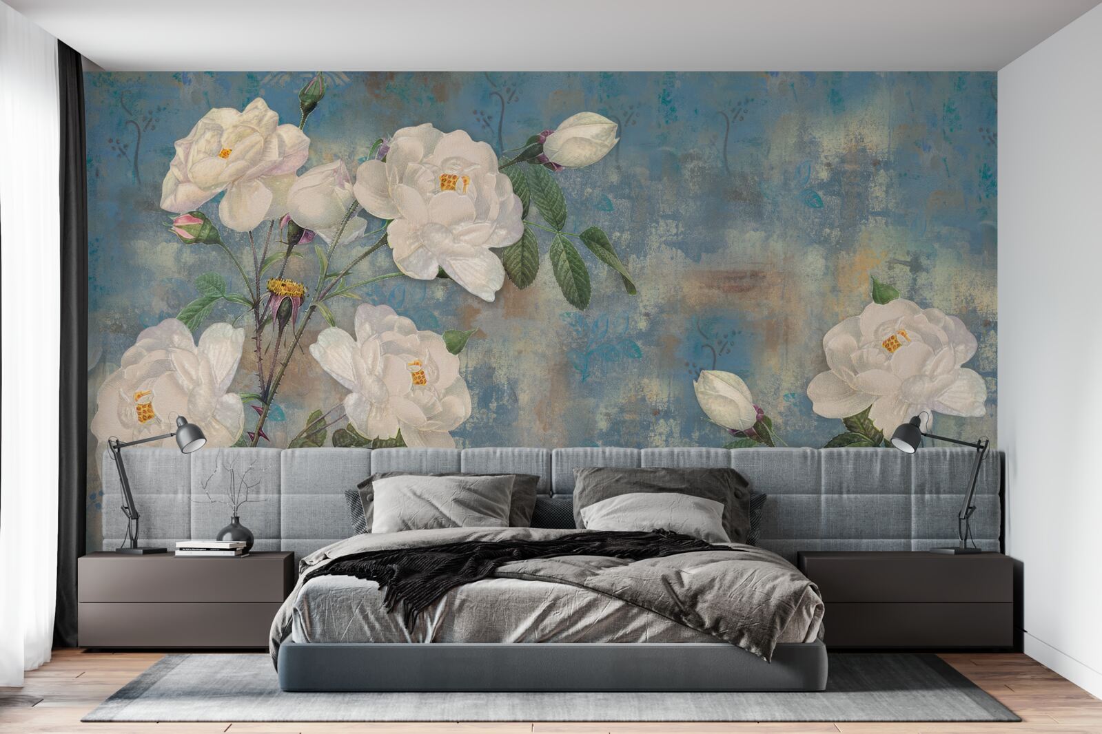 Papier peint roses blanches sur les branches