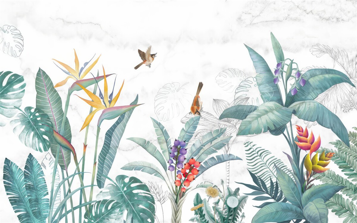 Papier peint diverses feuilles et oiseaux