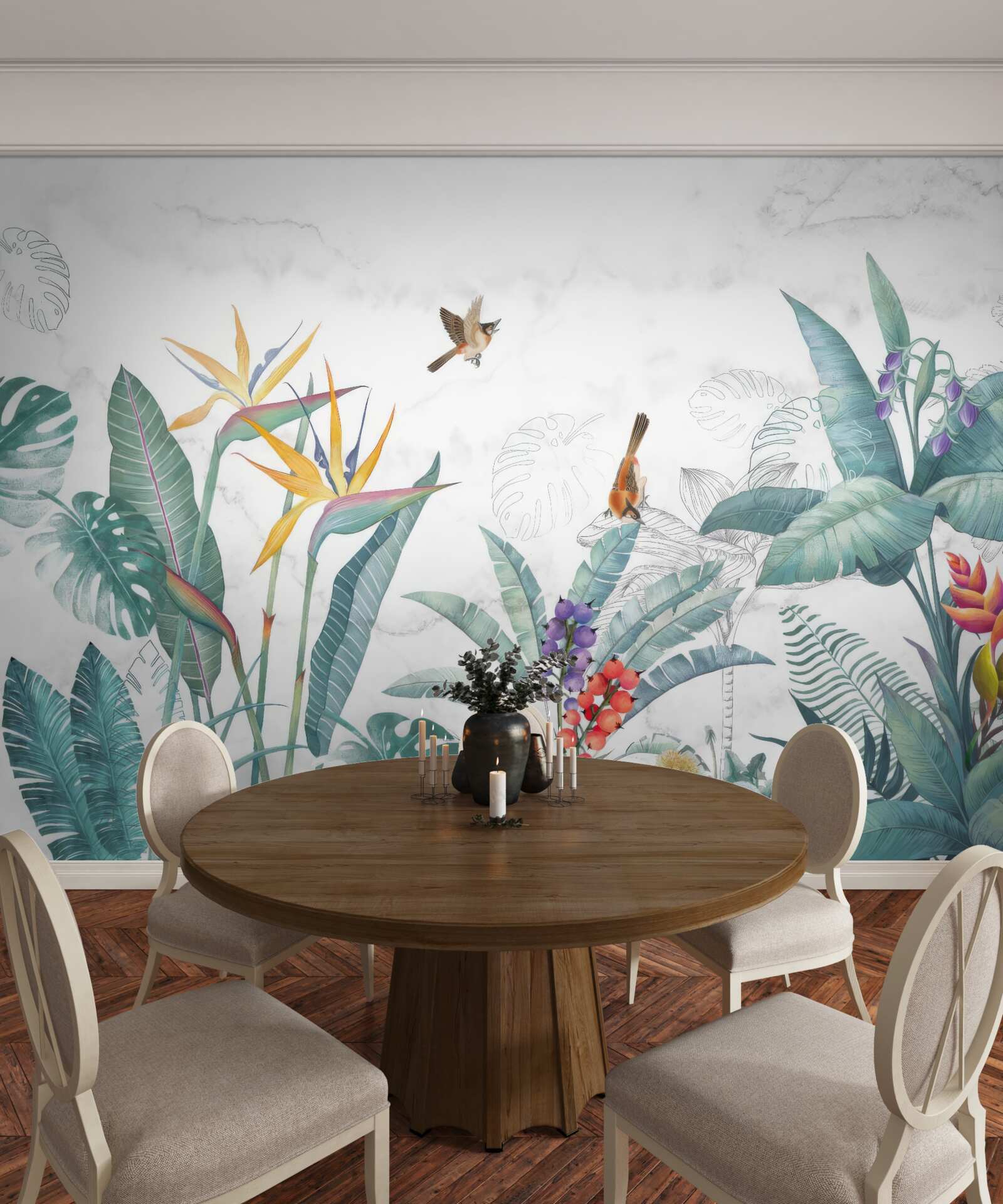 Papier peint diverses feuilles et oiseaux