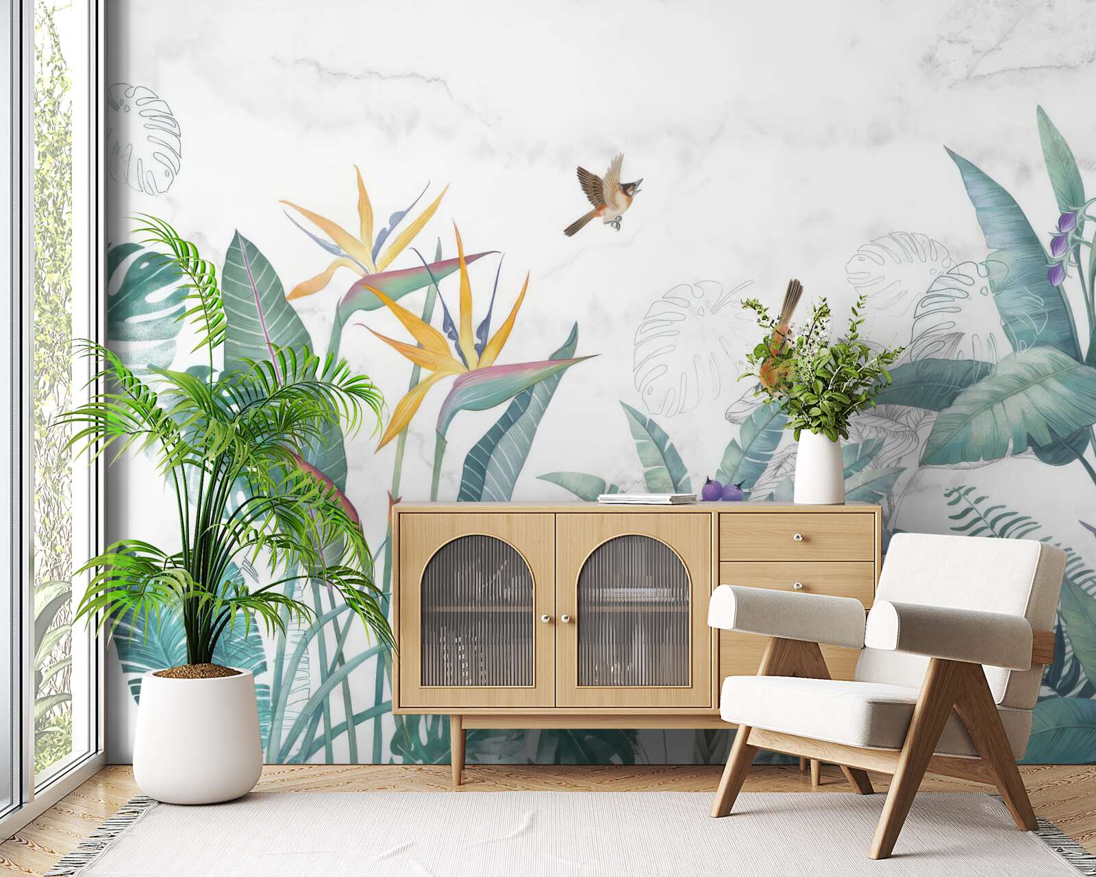 Papier peint diverses feuilles et oiseaux