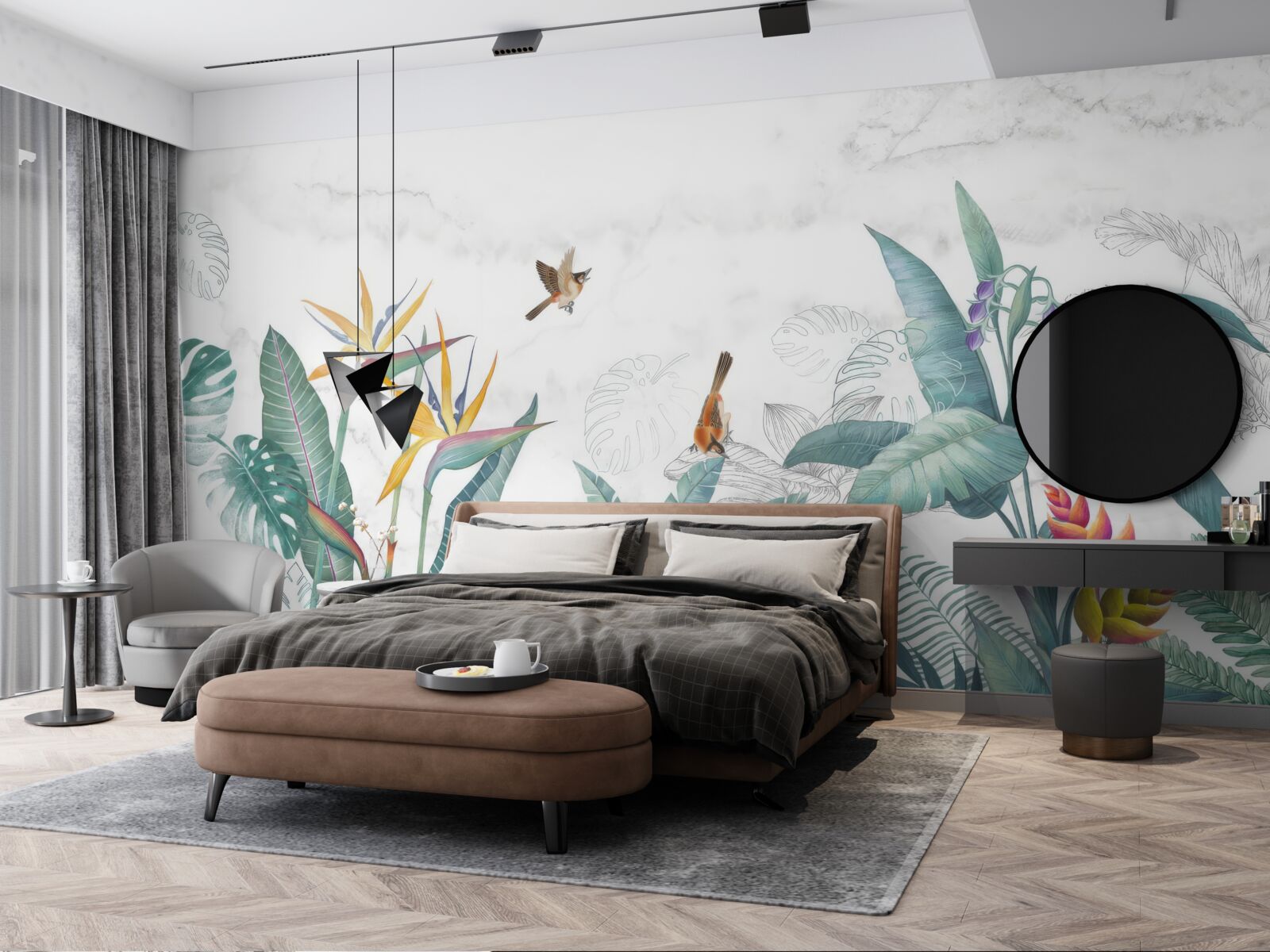 Papier peint diverses feuilles et oiseaux