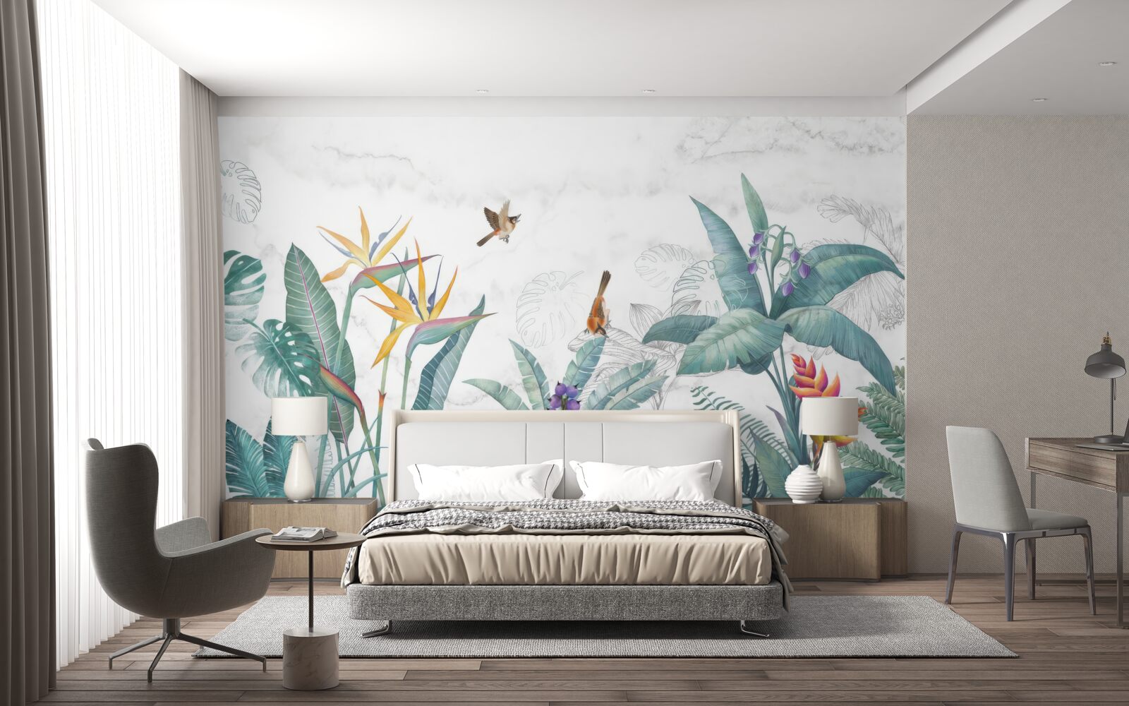 Papier peint diverses feuilles et oiseaux