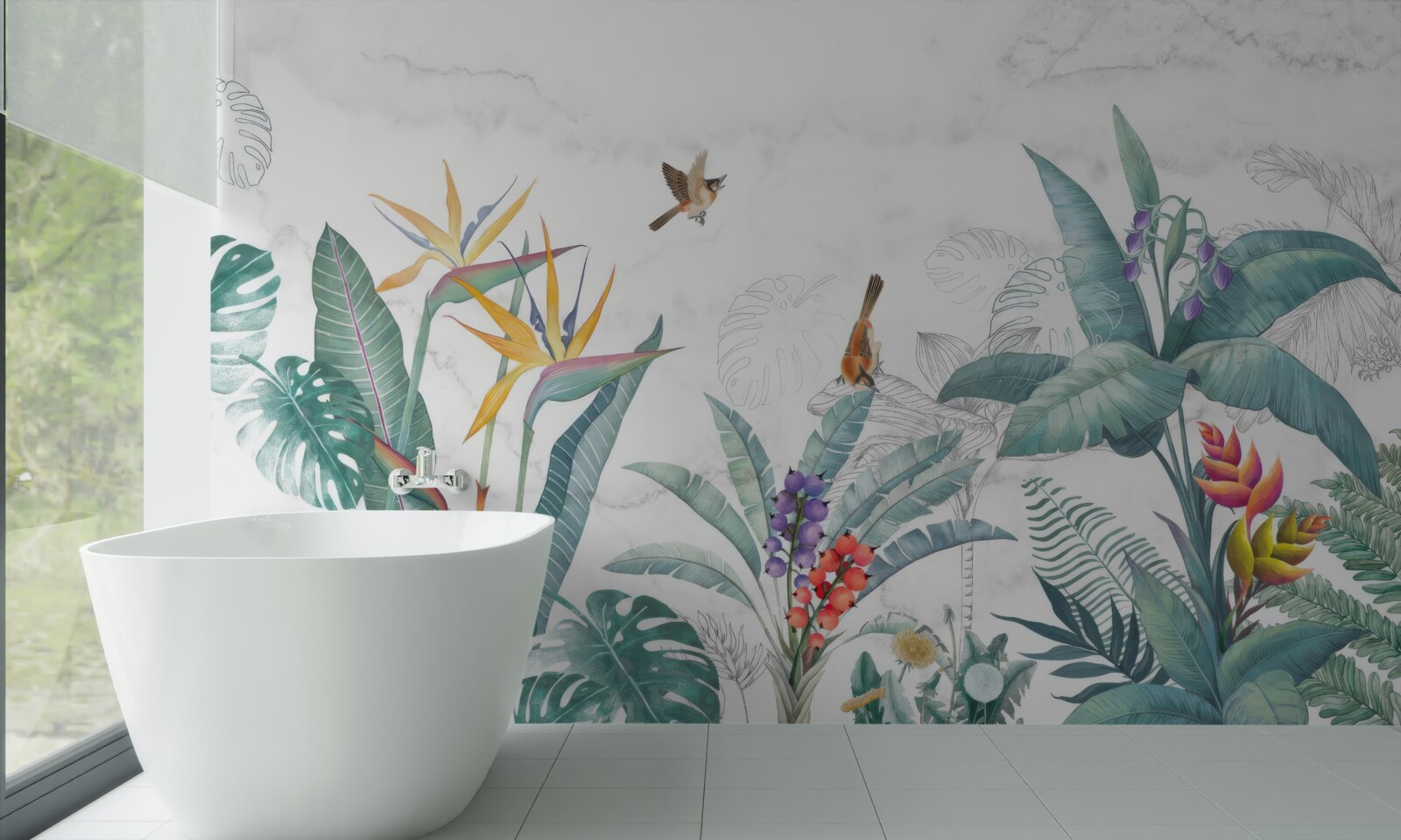 Papier peint diverses feuilles et oiseaux