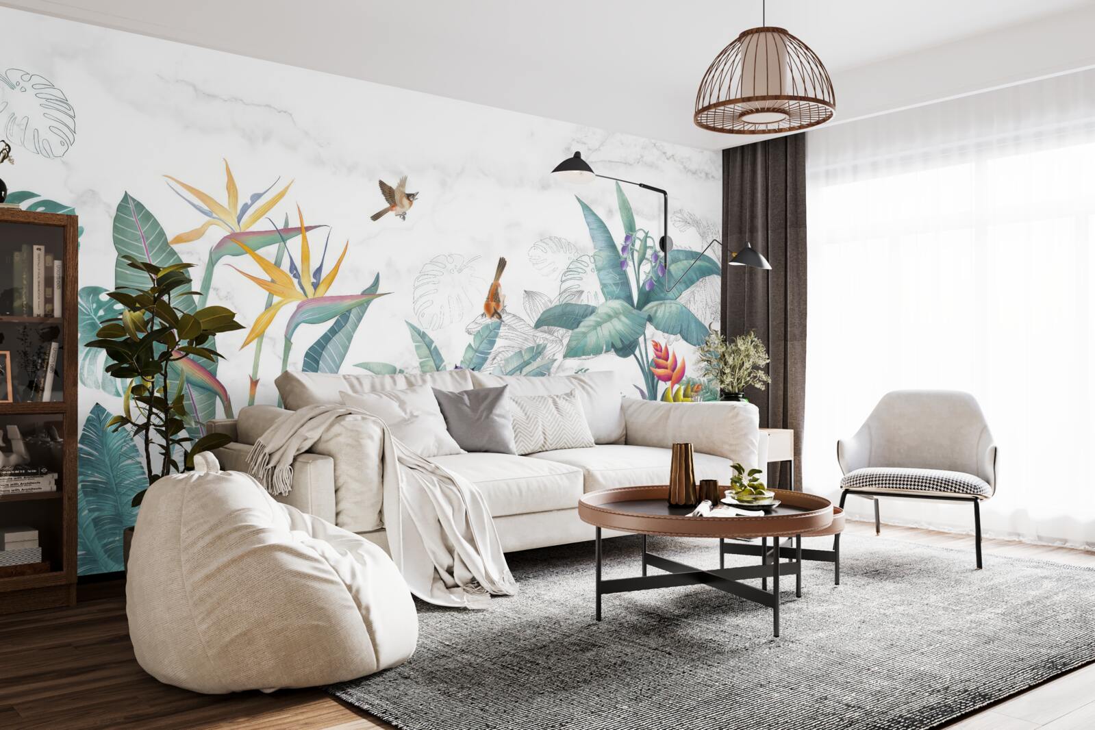 Papier peint diverses feuilles et oiseaux