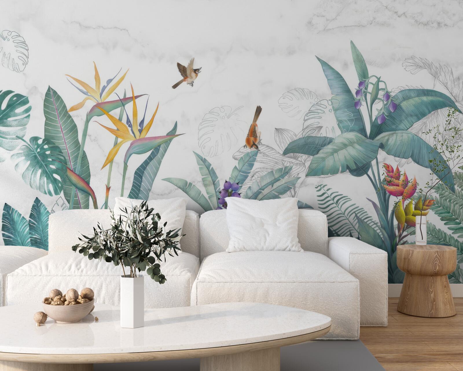 Papier peint diverses feuilles et oiseaux