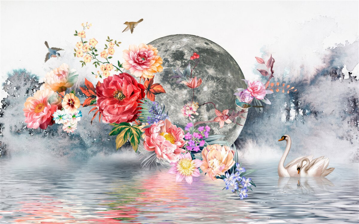 Papier peint fleurs, pleine lune et oiseaux