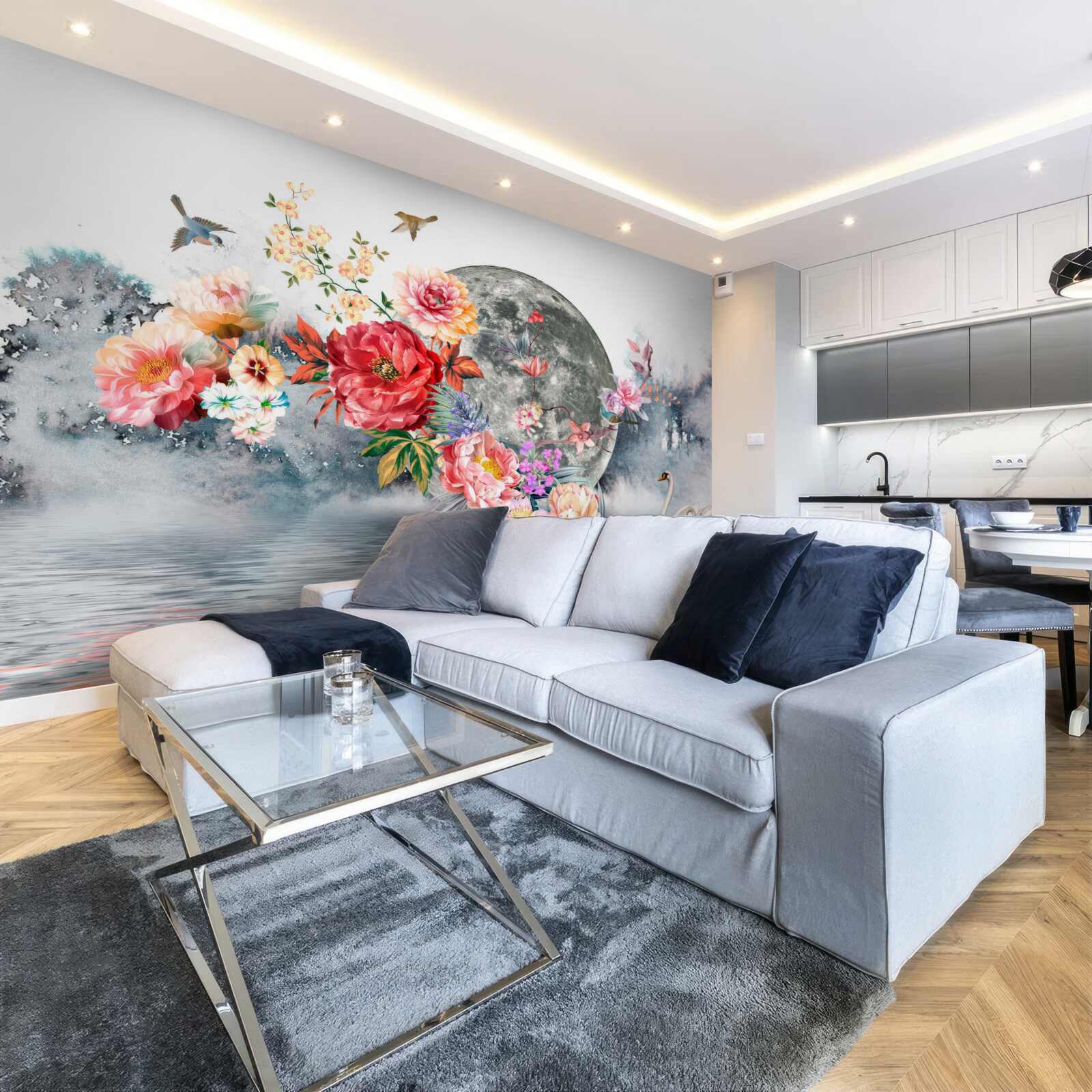 Papier peint fleurs, pleine lune et oiseaux