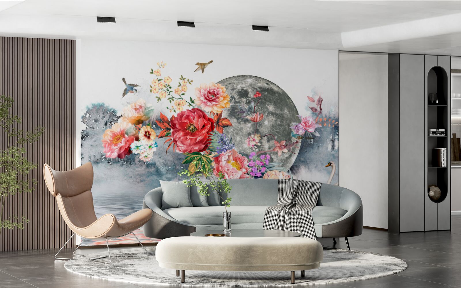 Papier peint fleurs, pleine lune et oiseaux