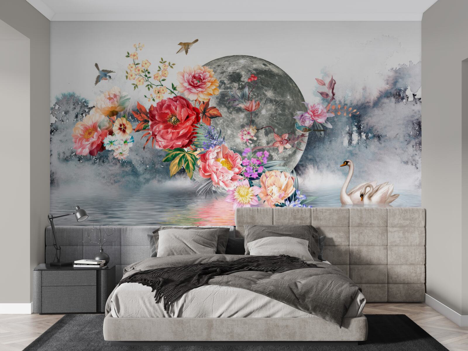 Papier peint fleurs, pleine lune et oiseaux