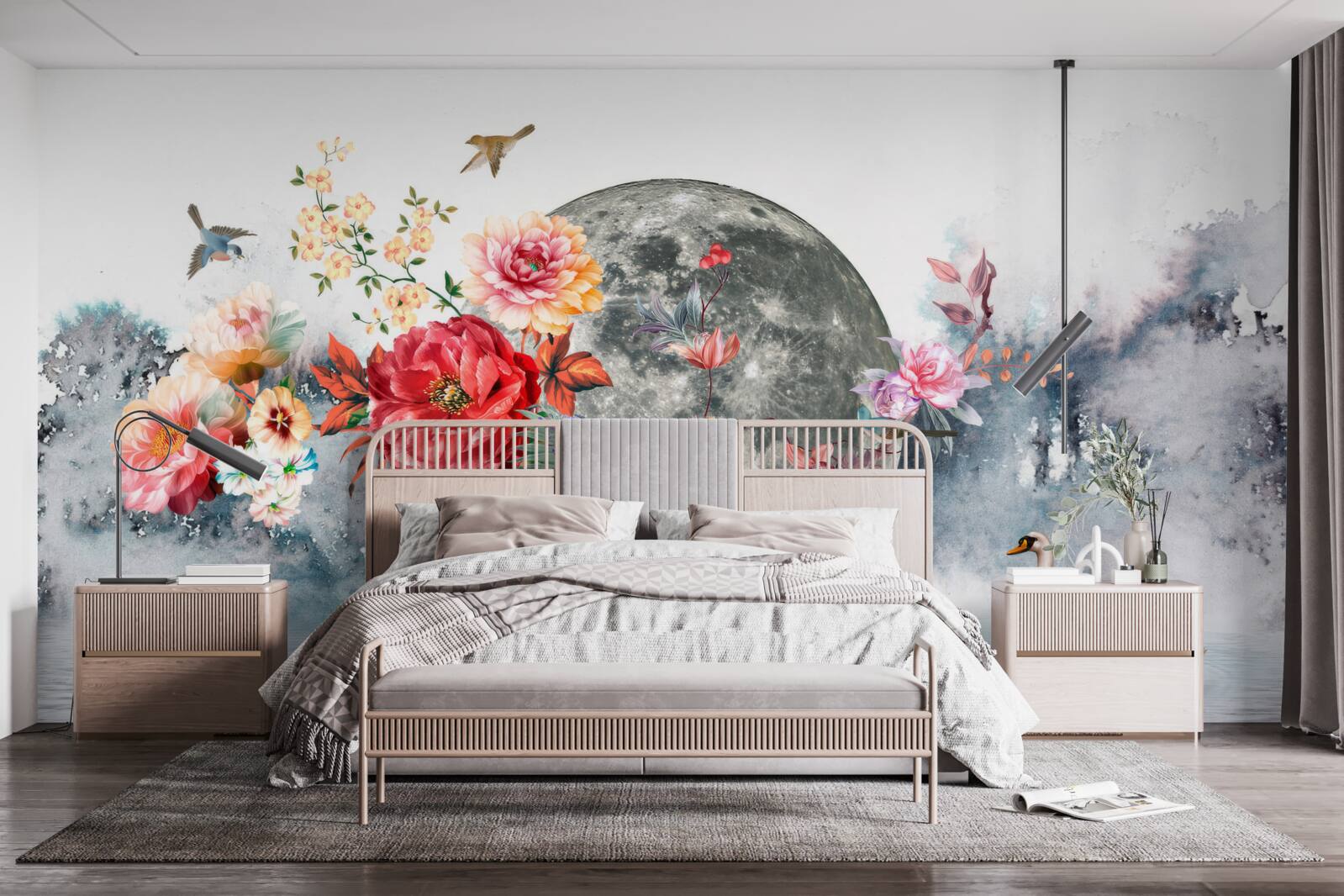 Papier peint fleurs, pleine lune et oiseaux