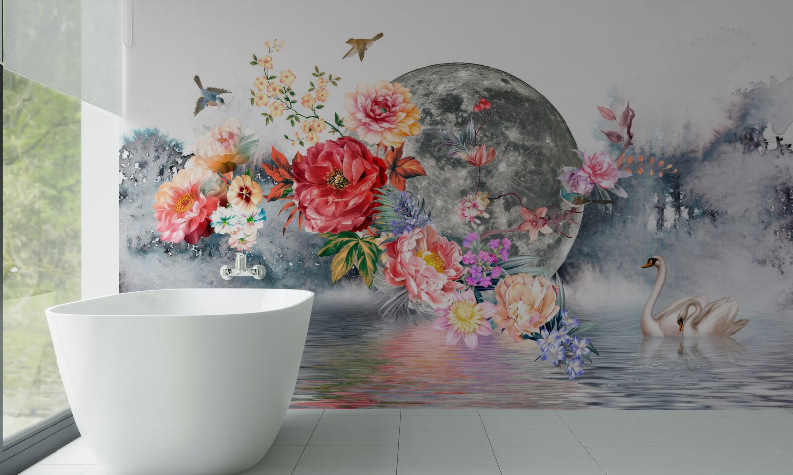 Papier peint fleurs, pleine lune et oiseaux