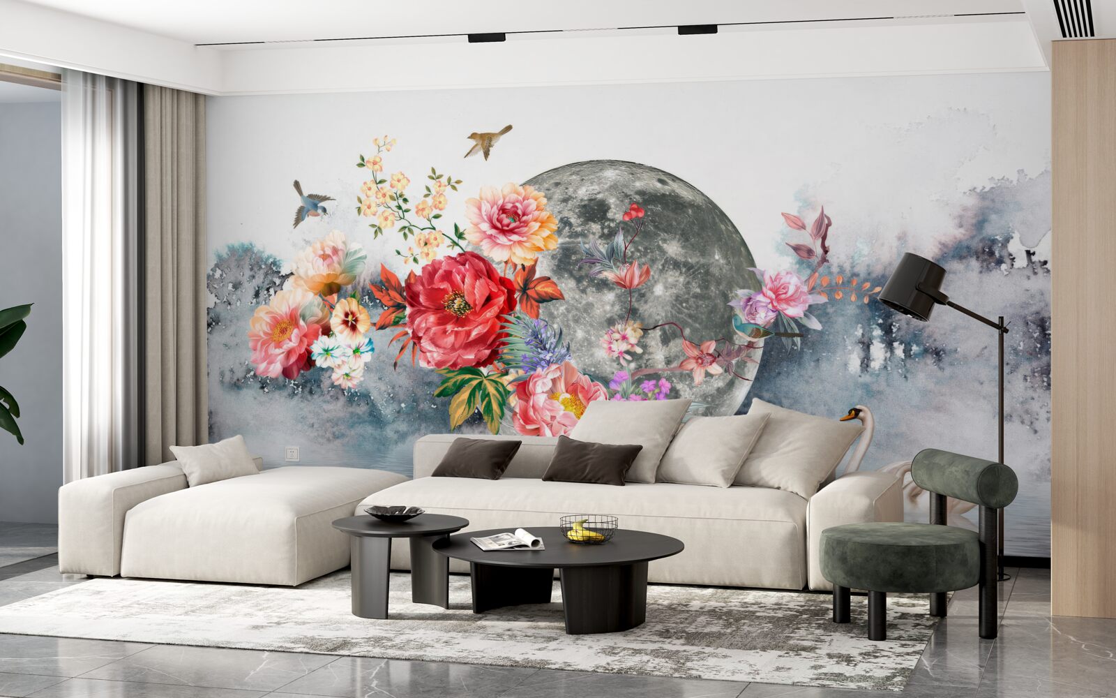 Papier peint fleurs, pleine lune et oiseaux