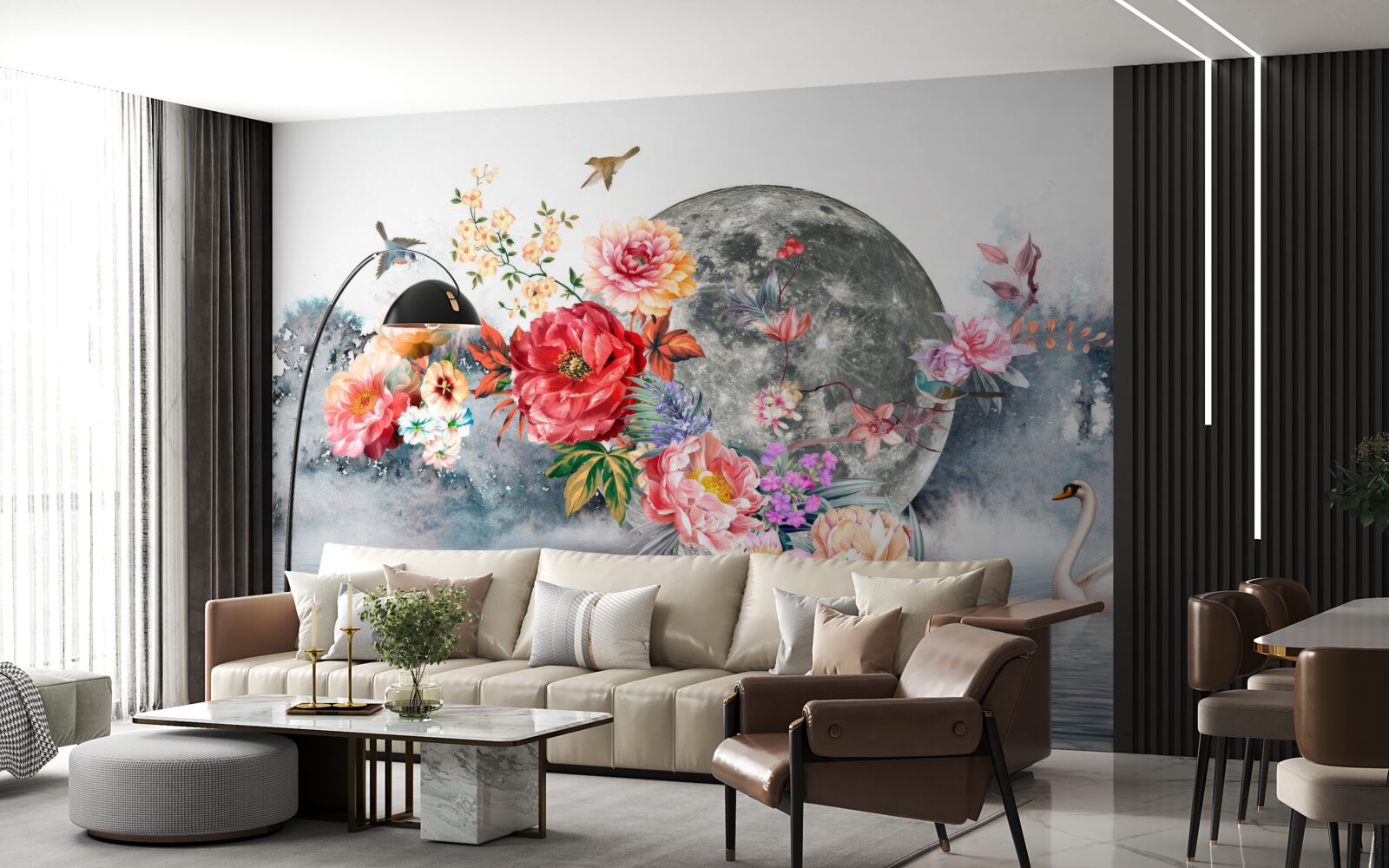 Papier peint fleurs, pleine lune et oiseaux