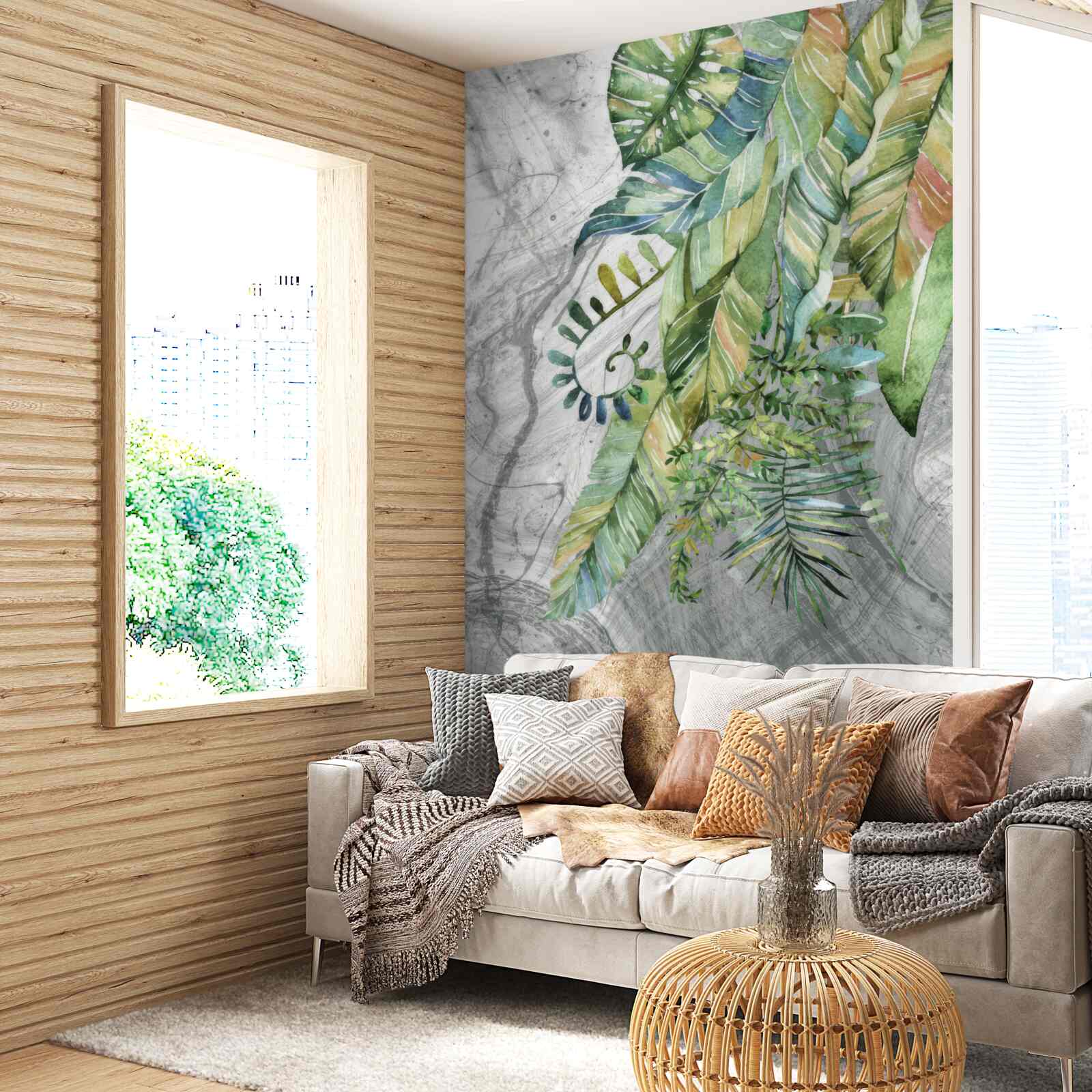 Papier peint feuilles de différents types sur fond gris