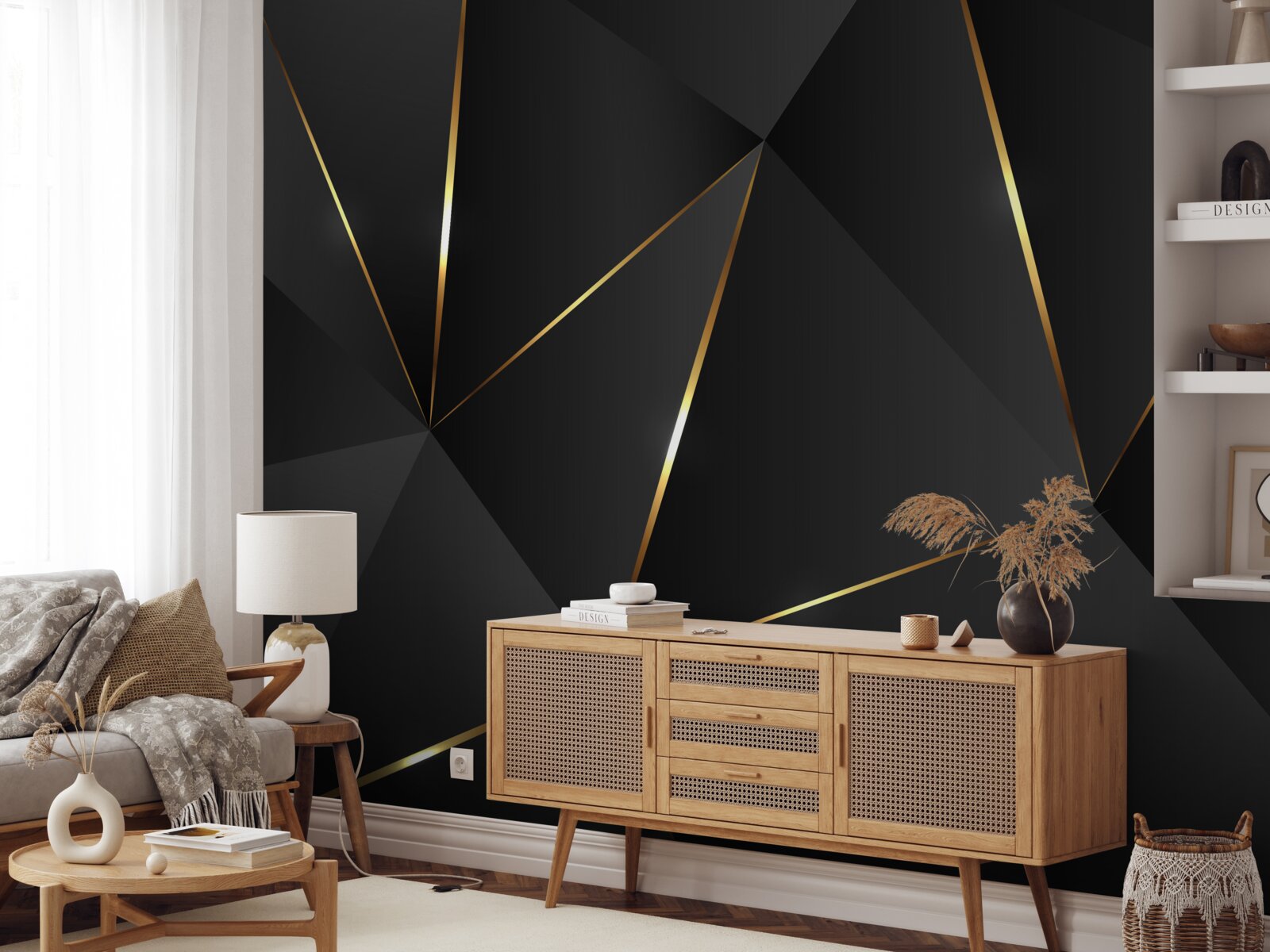 Papier peint figures tridimensionnelles dans les tons noir et or