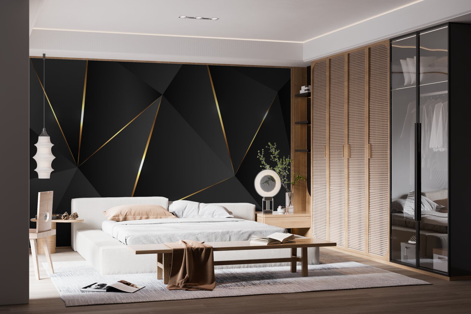 Papier peint figures tridimensionnelles dans les tons noir et or