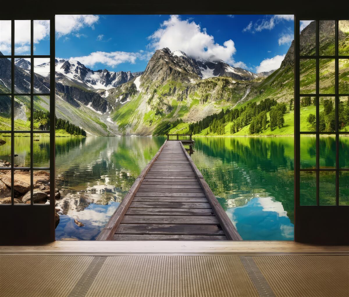 Papier peint le paysage des montagnes qui s'ouvrent par la fenêtre