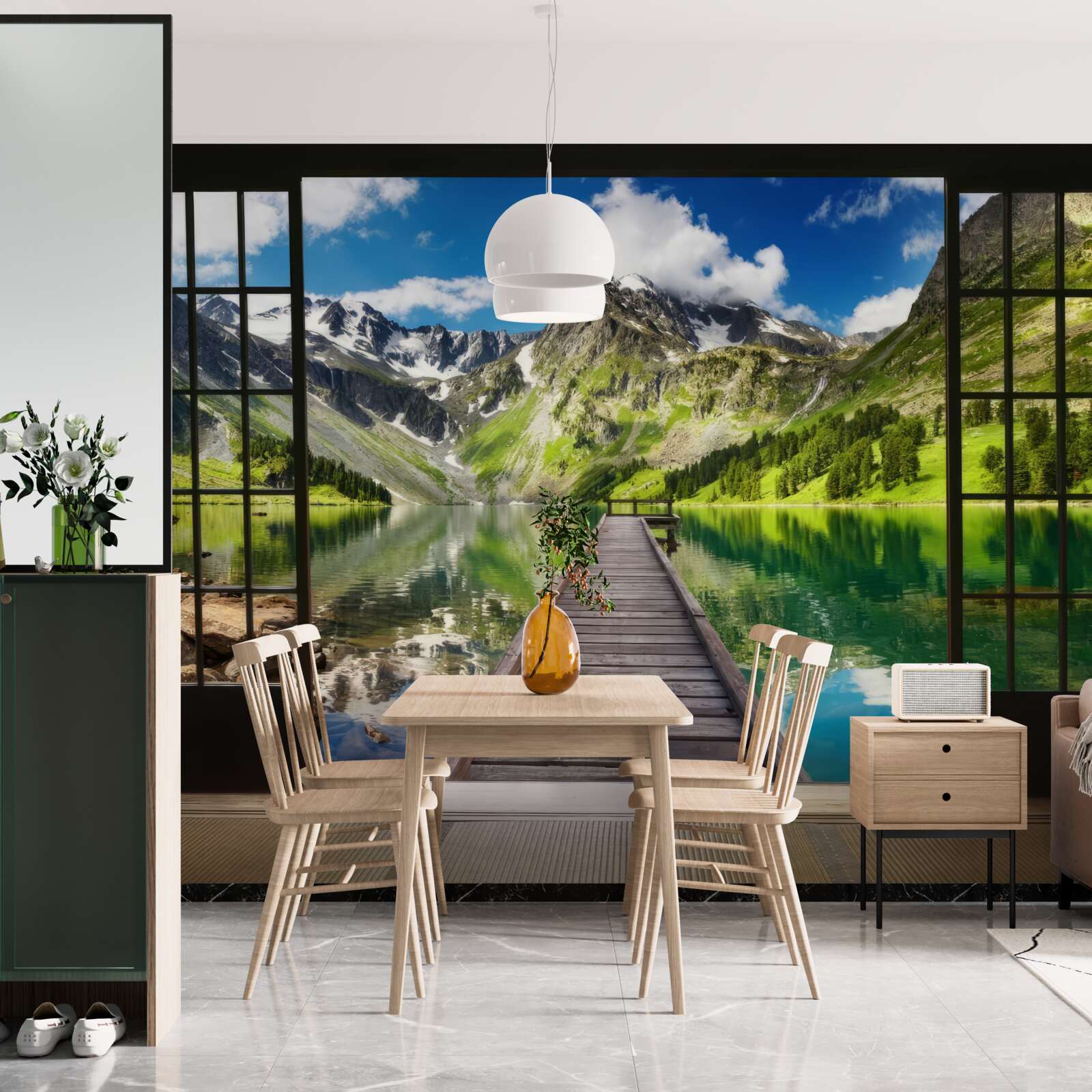 Papier peint le paysage des montagnes qui s'ouvrent par la fenêtre