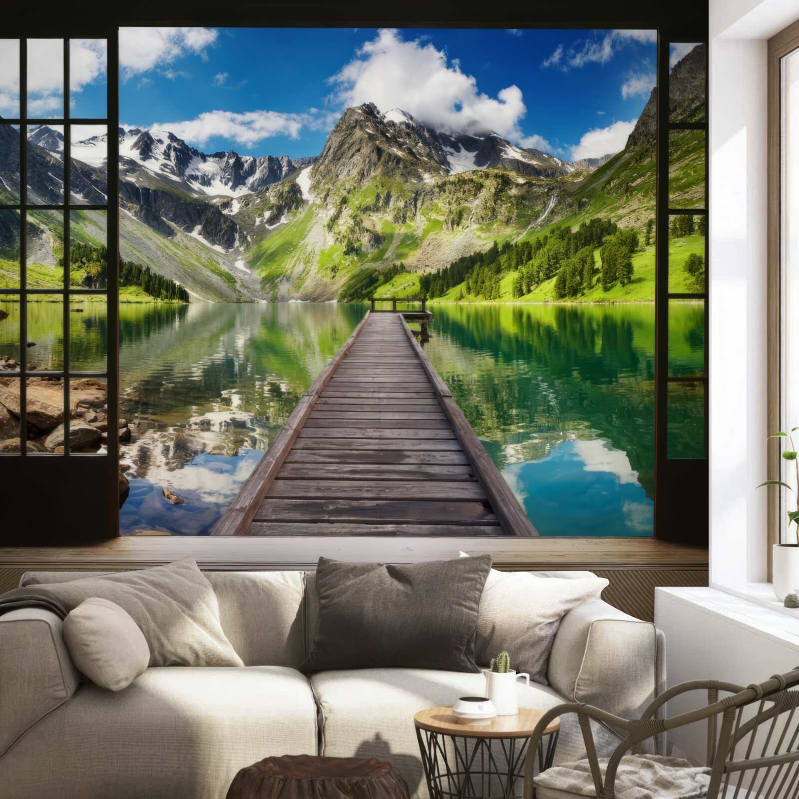 Papier peint le paysage des montagnes qui s'ouvrent par la fenêtre