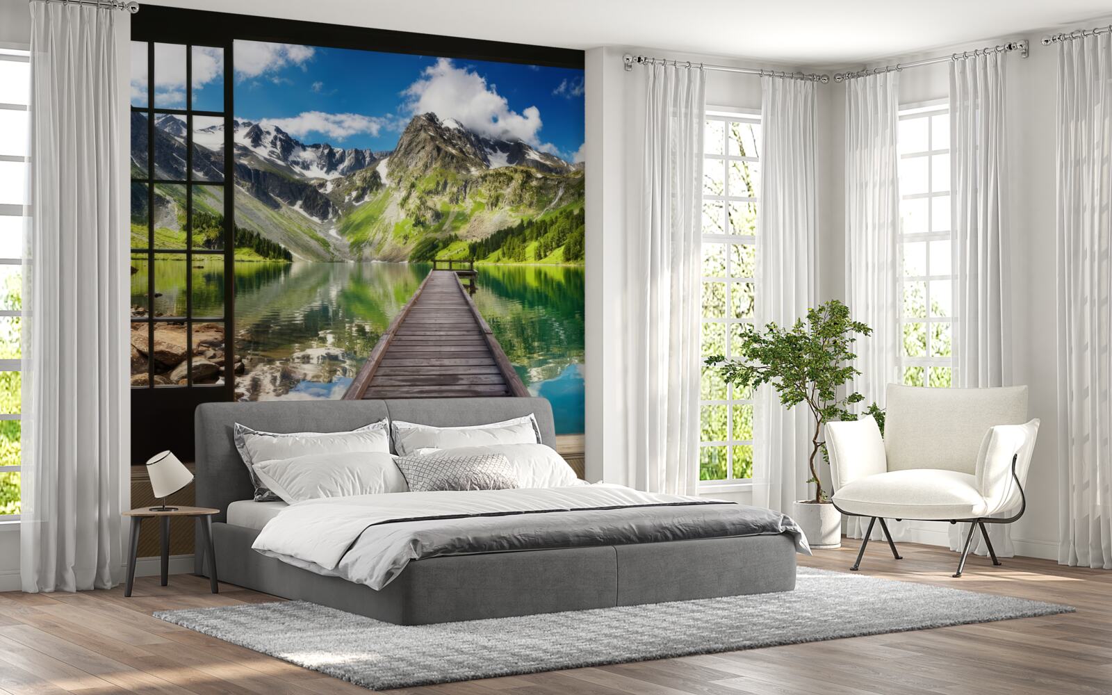 Papier peint le paysage des montagnes qui s'ouvrent par la fenêtre