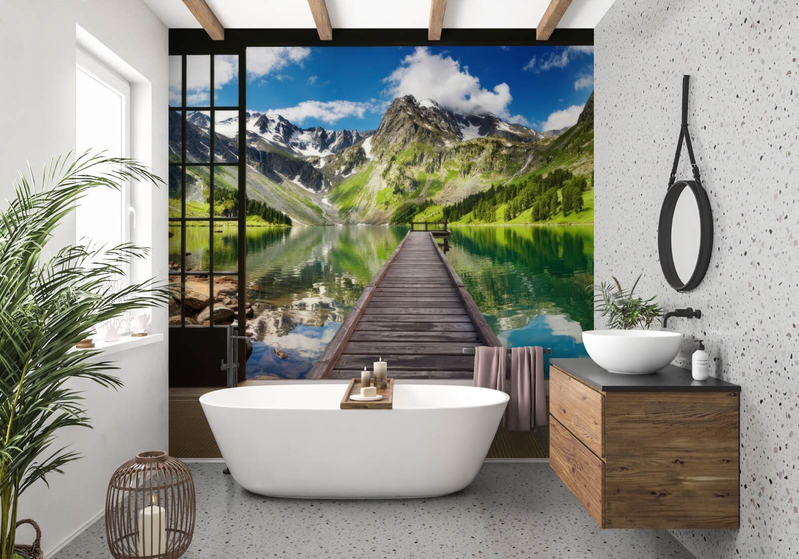 Papier peint le paysage des montagnes qui s'ouvrent par la fenêtre