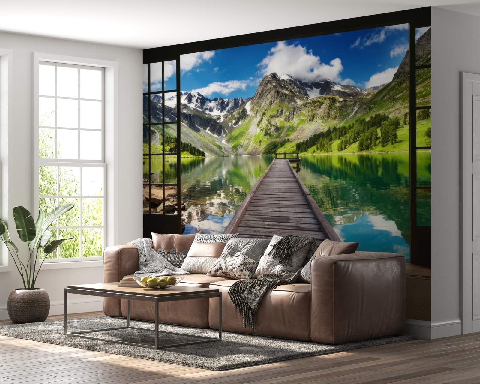 Papier peint le paysage des montagnes qui s'ouvrent par la fenêtre