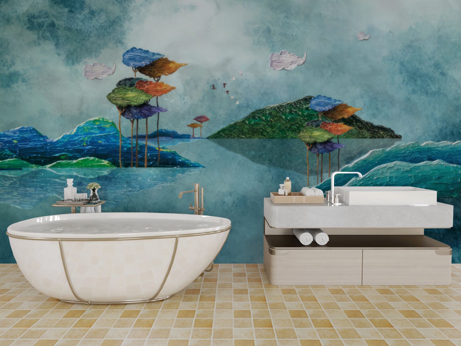 Papier peint île représentée dans le tableau