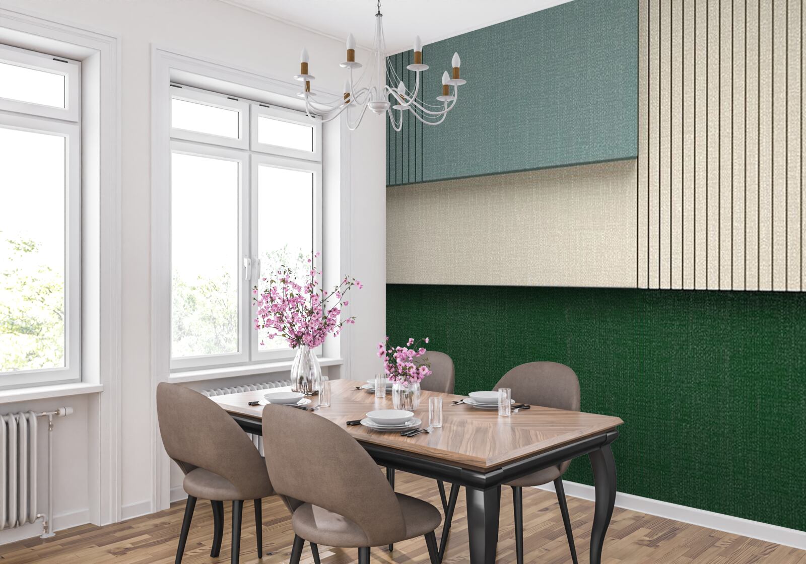 Papier peint carrés en bleu, beige et vert