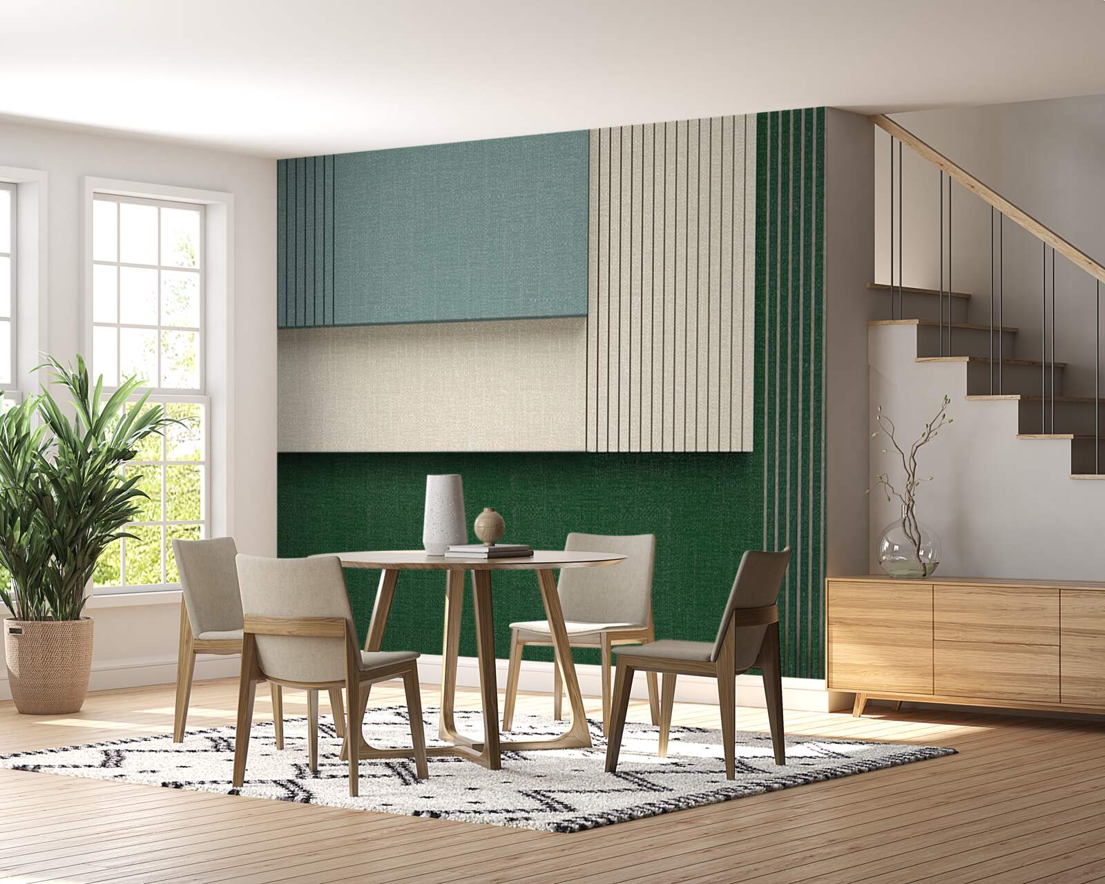 Papier peint carrés en bleu, beige et vert