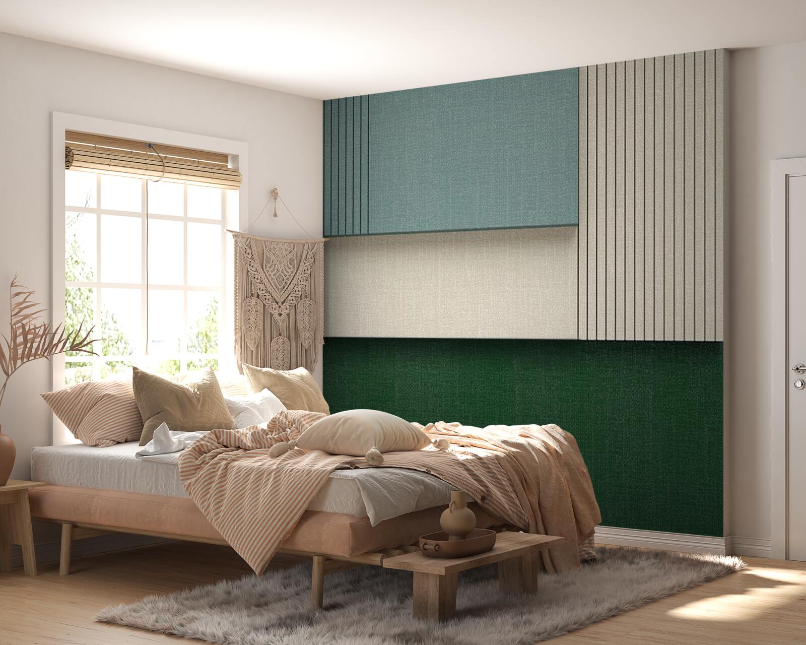 Papier peint carrés en bleu, beige et vert