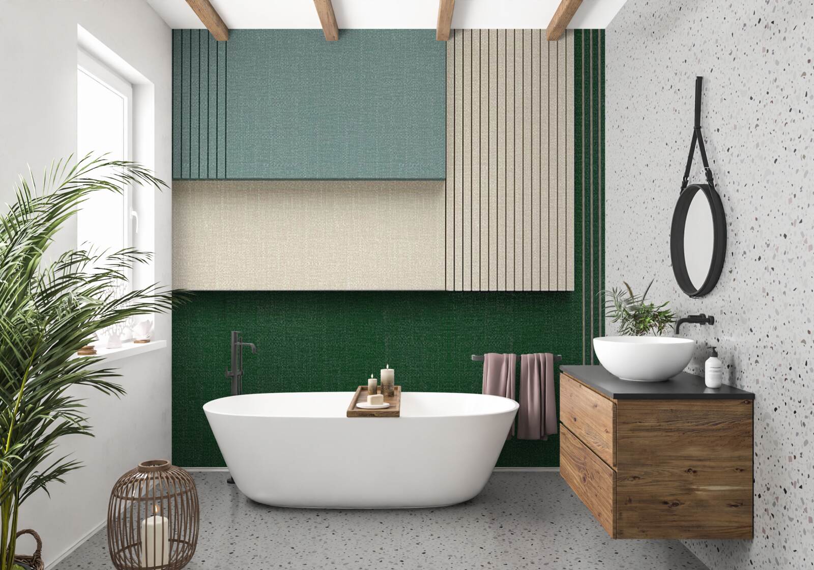 Papier peint carrés en bleu, beige et vert