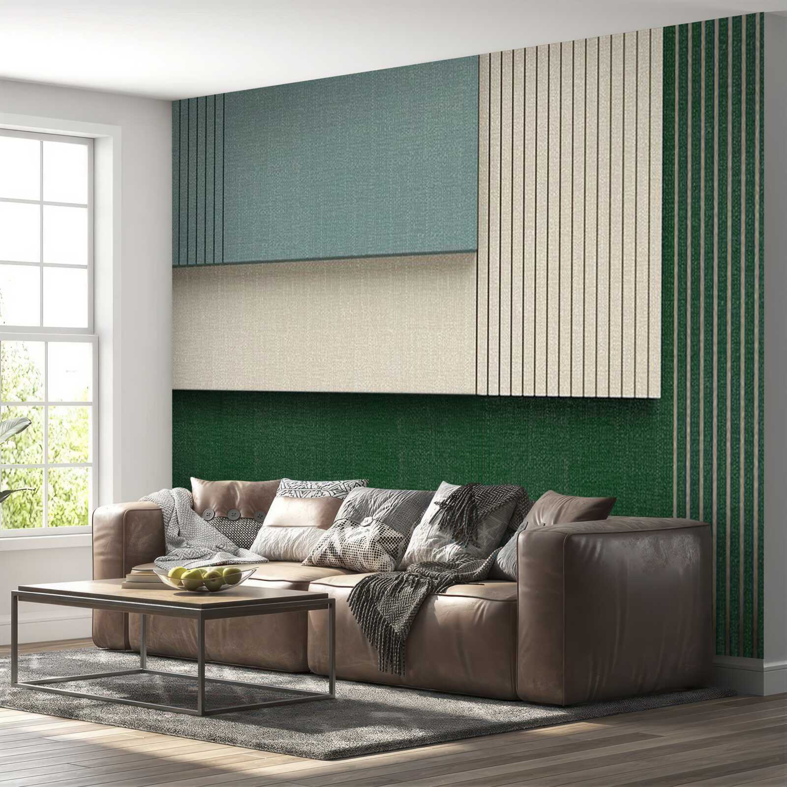 Papier peint carrés en bleu, beige et vert