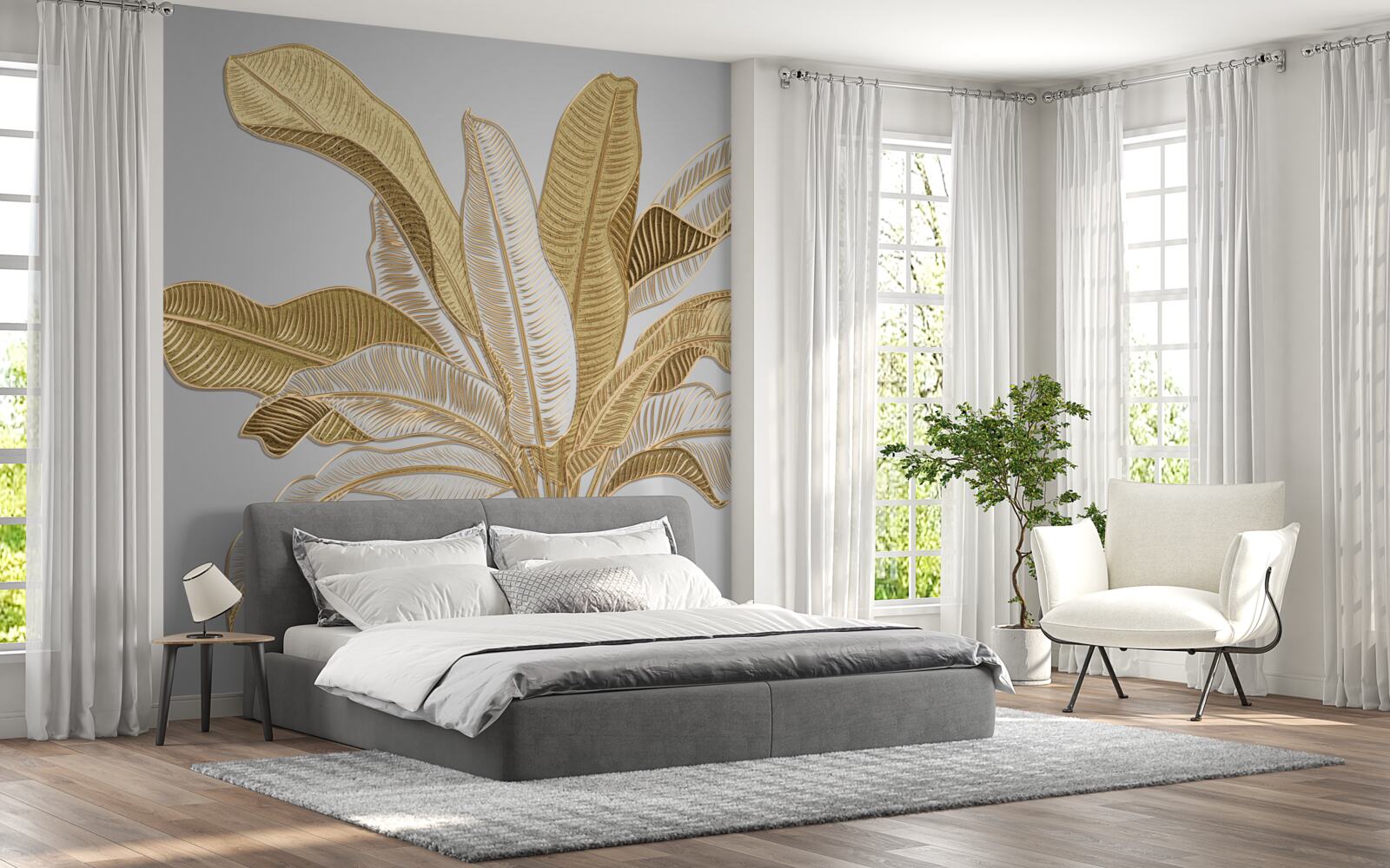 Papier peint feuilles aux tons dorés et blancs inhabituels