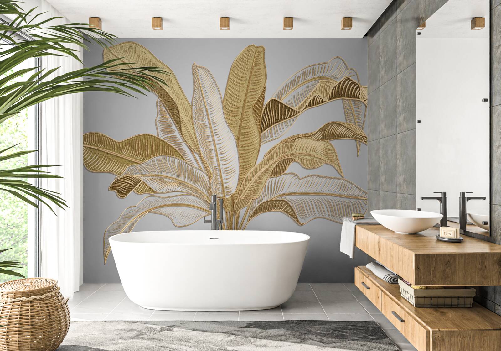 Papier peint feuilles aux tons dorés et blancs inhabituels