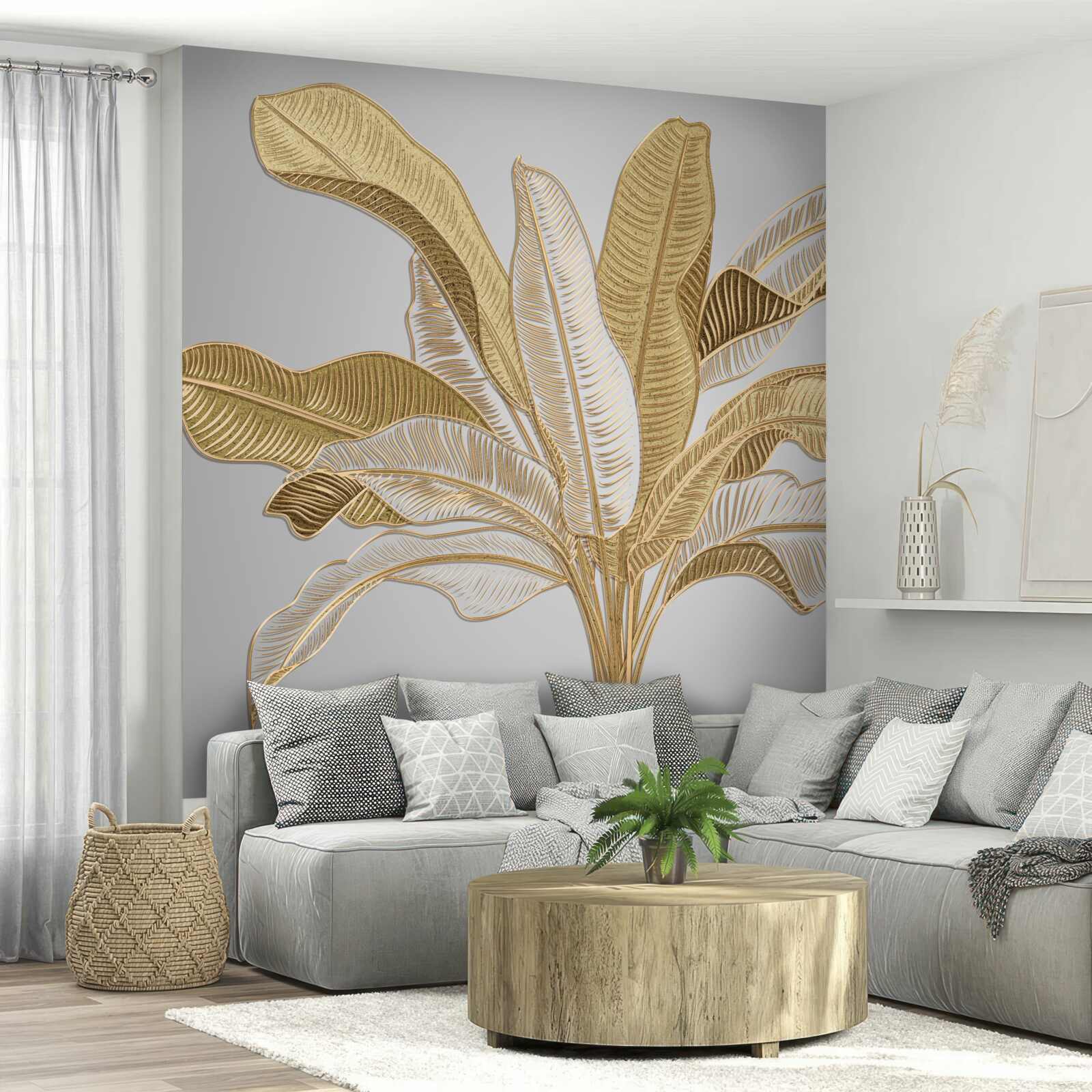 Papier peint feuilles aux tons dorés et blancs inhabituels