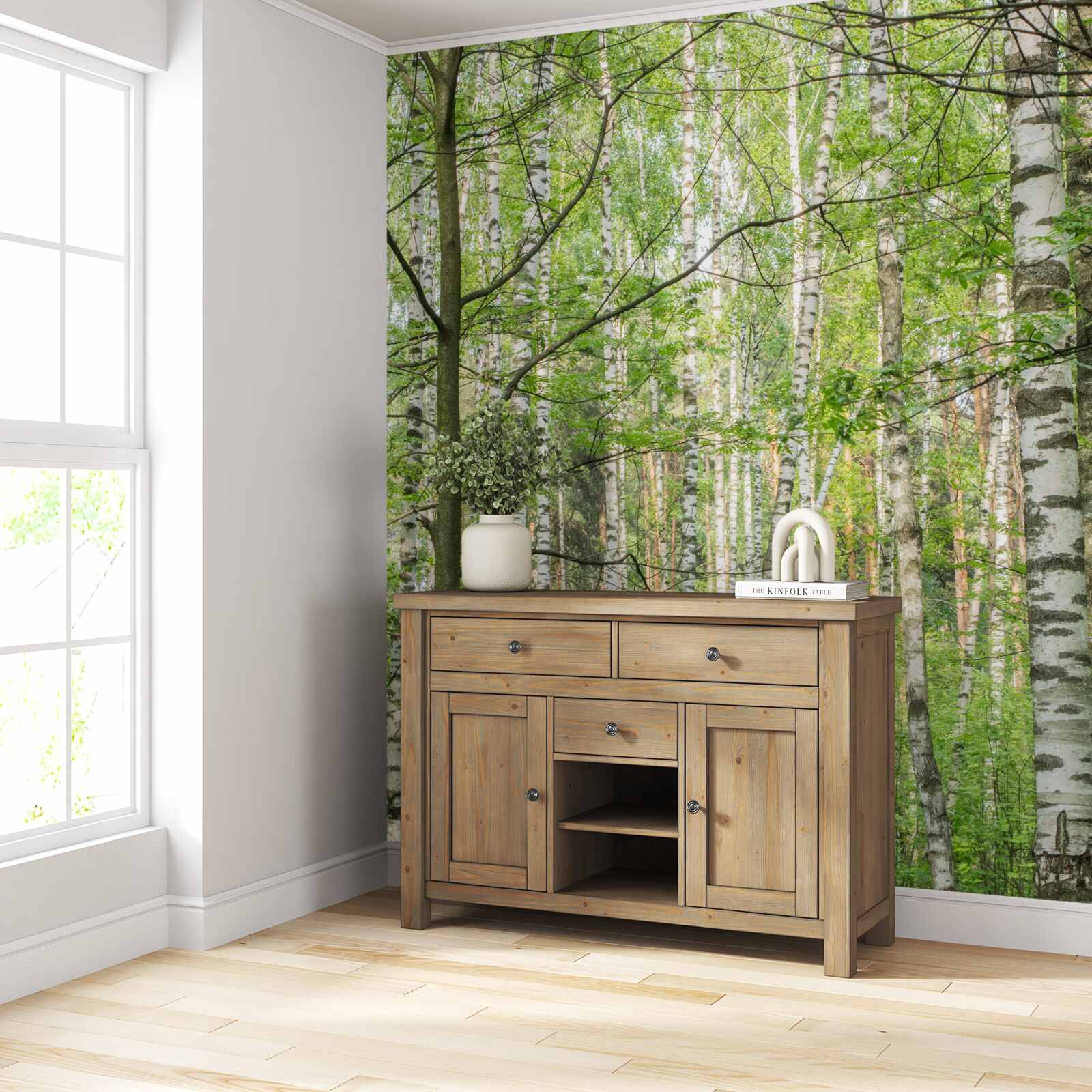 Papier peint forêt densément couverte de bouleaux