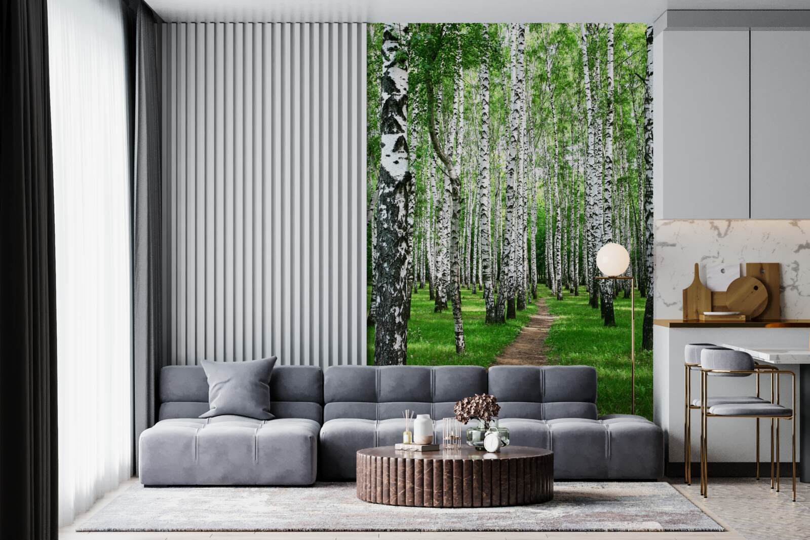 Papier peint chemin entre les bouleaux