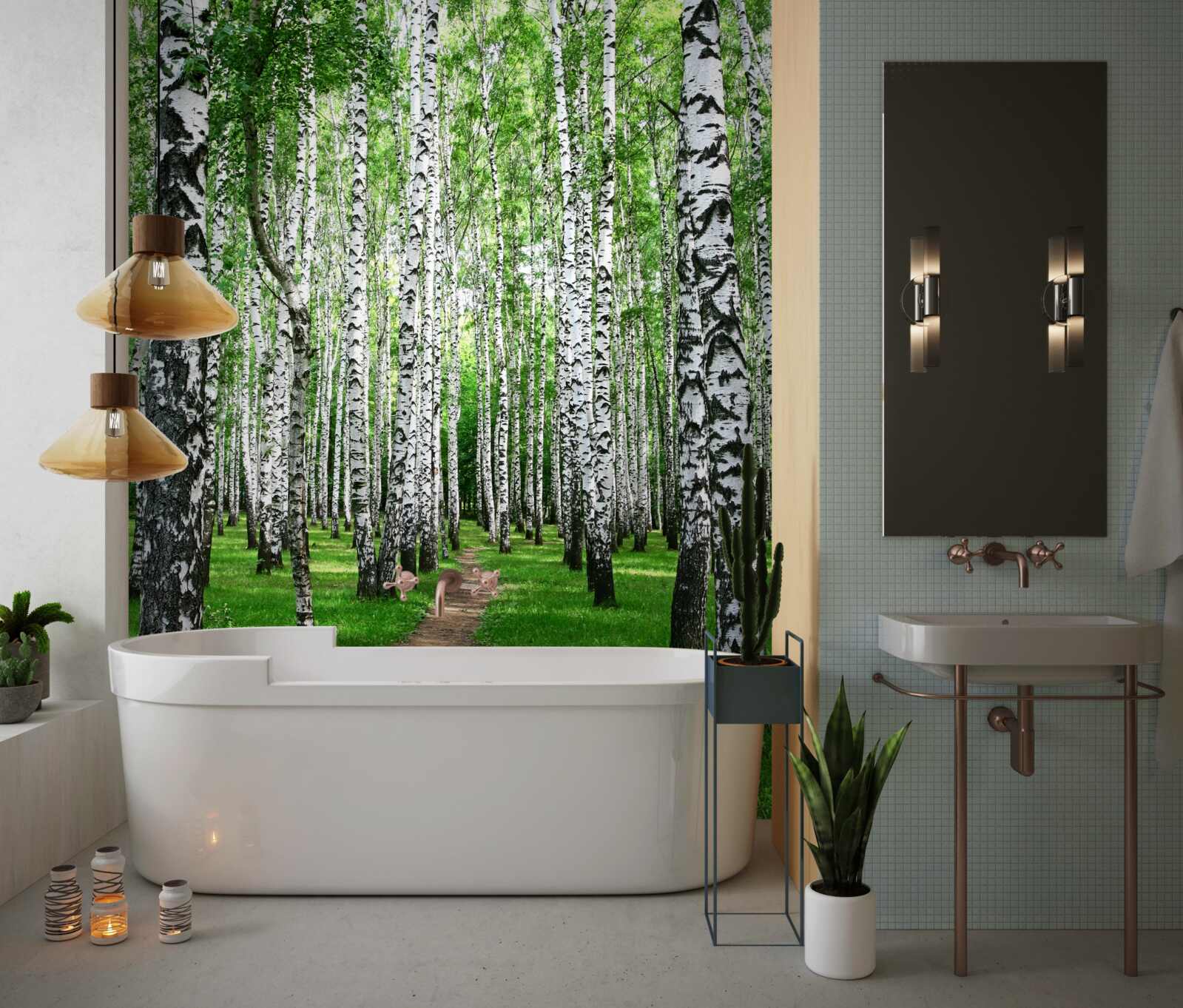 Papier peint chemin entre les bouleaux